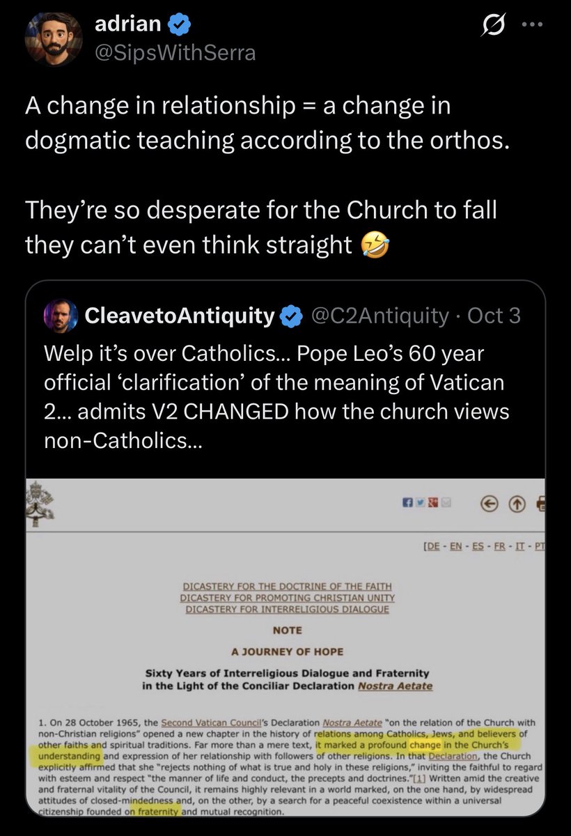 Popesplainer09's tweet photo. @The_Catechumen &amp; @SipsWithSerra both point this out in joking ways; the conclusion that the document is talking about a change in doctrine and not pastoral approach is absurd. https://t.co/bQuDuW7YCe
