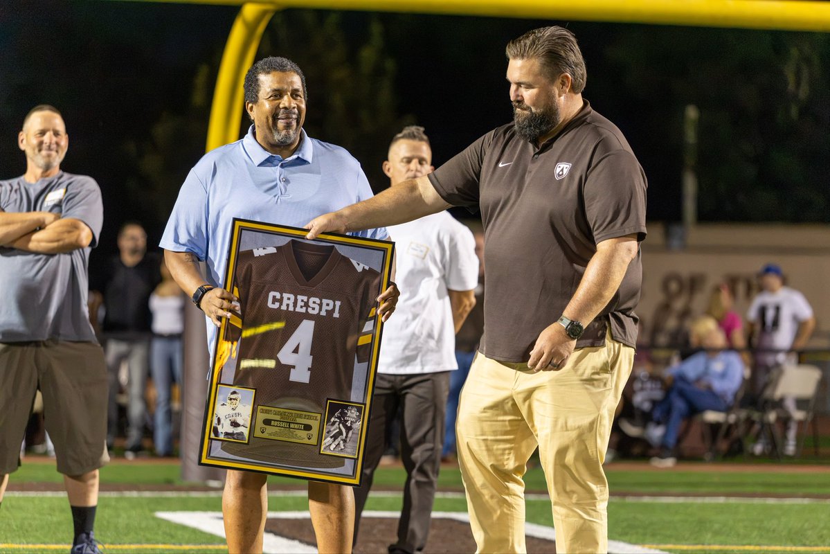 FootballCrespi's tweet photo. What a Homecoming! Honoring the 1986 Championship Football Team and celebrating the retirement of Russell White’s ’89 legendary #4. Once a Celt, always a Celt! #CeltPride https://t.co/ocTazbcWMU