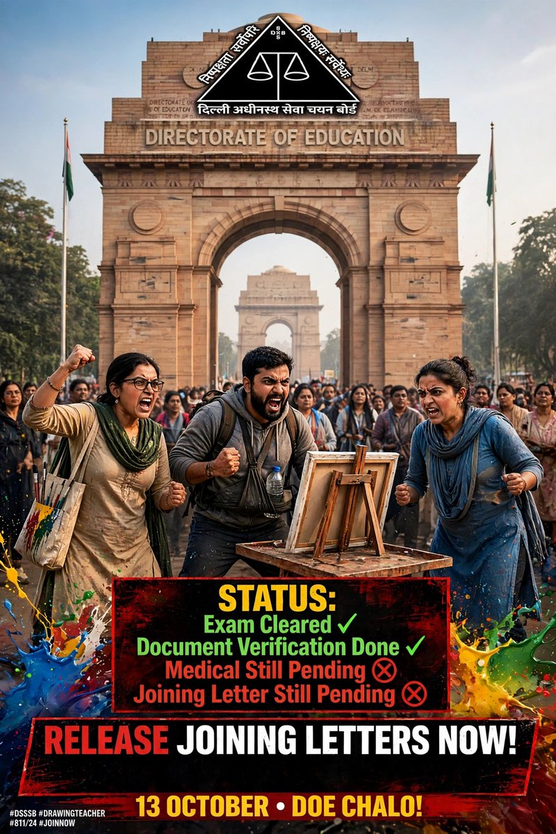 sonaartsl2's tweet photo. 🙏 DSSSB Drawing Teacher 811/24 के चयनित अभ्यर्थियों का DV हुए 2+ महीने हो चुके हैं, लेकिन Medical Letter अभी तक जारी नहीं हुआ। कृपया संबंधित विभाग से Medical Letter जल्द issue करवाने में सहयोग करें।
@Dir_Education 
#DSSSB811_24 https://t.co/qoct9LZMAr