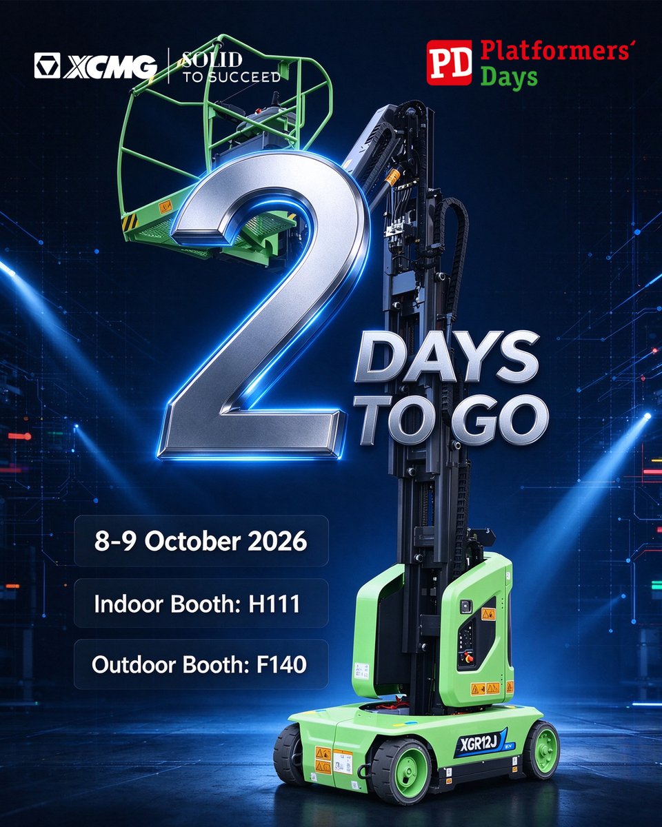 XCMGMEWP's tweet photo. 2 days until Platformers' Days 2026.🚀
Don’t miss the chance to see XCMG aerial equipment up close and discover how our solutions support your jobsite productivity.💡
#XCMG #SolidtoSucceed #XCMGProduct https://t.co/bkZZDHzRg9