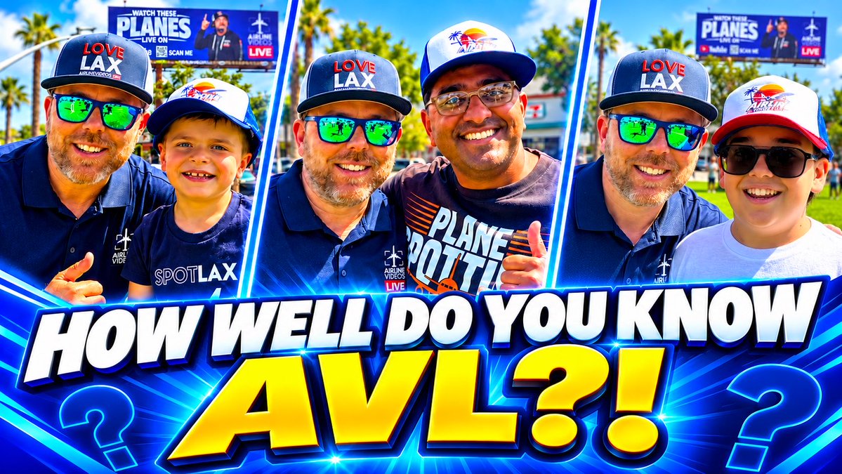 A YouTube thumbnail titled 'HOW WELL DO YOU KNOW AVL?!' showing a man in a 'LOVE LAX' hat posing with a young boy, a man in an 'AIRLINE VIDEOS LIVE' cap, and a boy wearing sunglasses, all set outdoors near billboards.