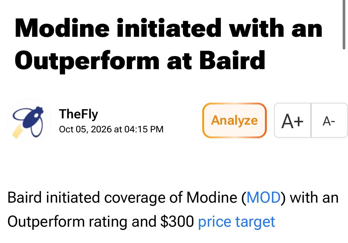 DlligentPlane_'s tweet photo. $MOD was just initiated with an Outperform at Baird

$300 price target

The Street is starting to catch on https://t.co/FF5bFHetpI