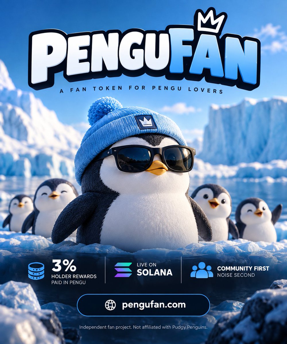 pengu_fan's tweet photo. @blknoiz06 PENGU never sleeps 🐧❄️
$PFAN is live on Solana with 3% holder rewards paid in PENGU.
We’re building this one slowly: community first, noise second.
https://t.co/Q2E35M27g4
Independent fan project. Not affiliated with Pudgy Penguins. https://t.co/OWbymD07tk