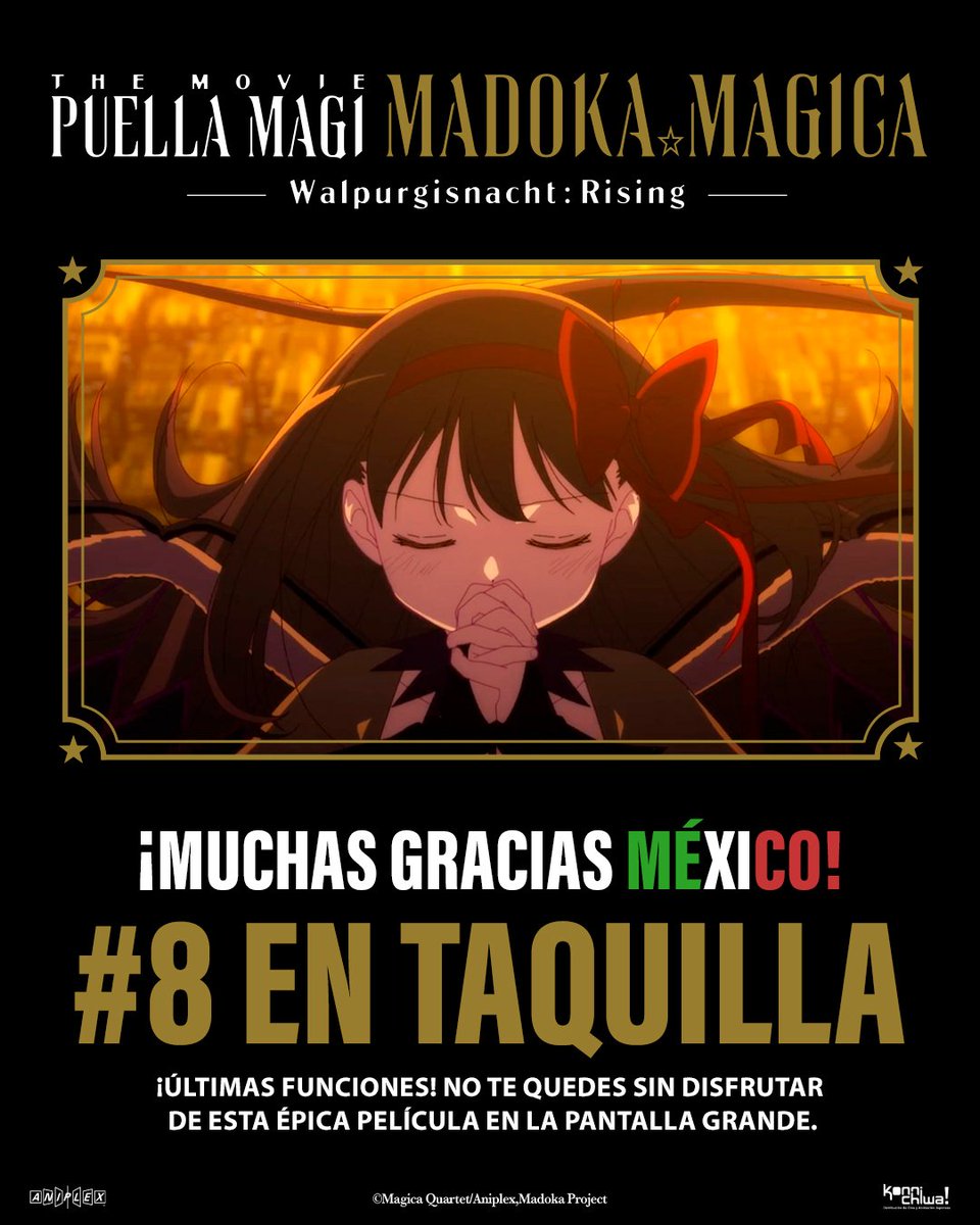 KonnichiwaFest's tweet photo. ¡Gracias a tu apoyo y asistencia Madoka Magica Walpurgisnacht Rising llegó al octavo lugar de la taquilla Mexicana en su fin de semana de estreno! ✨

Todavía hay funciones programadas y posiblemente tendremos algunas más en fin de semana en los cines con mejor asistencia. Atención a nuestras actualizaciones.