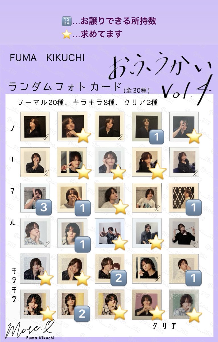 yamafumarju_069's tweet photo. 菊池風磨 おふうかい vol.4 フォトカード 交換

譲）数字
求）⭐️

10/6 本日会場付近にて手渡しできる方優先＞後日都内手渡し可能

交換していただける方いらっしゃいましたら、リプまたはDMにてお気軽にご連絡ください✨

 #おふうかいグッズ  #おふうかい交換 https://t.co/ehrc90zm7g