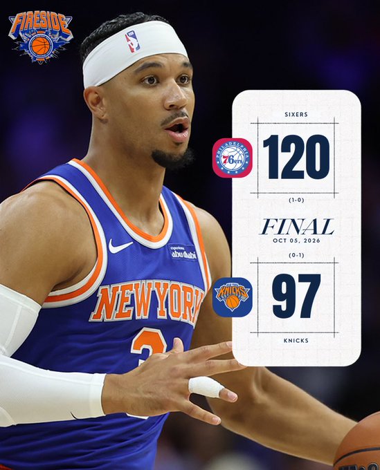 A promotional graphic showing a New York Knicks basketball player alongside a final score graphic reading 'SIXERS 120, KNICKS 97, FINAL OCT 05, 2026'.