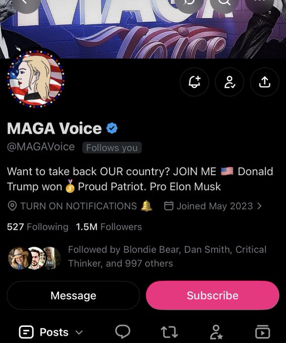 A screenshot of the Twitter/X profile for "MAGA Voice" (@MAGAVoice), verified with 1.5M followers, featuring a bio expressing support for Donald Trump and Elon Musk.