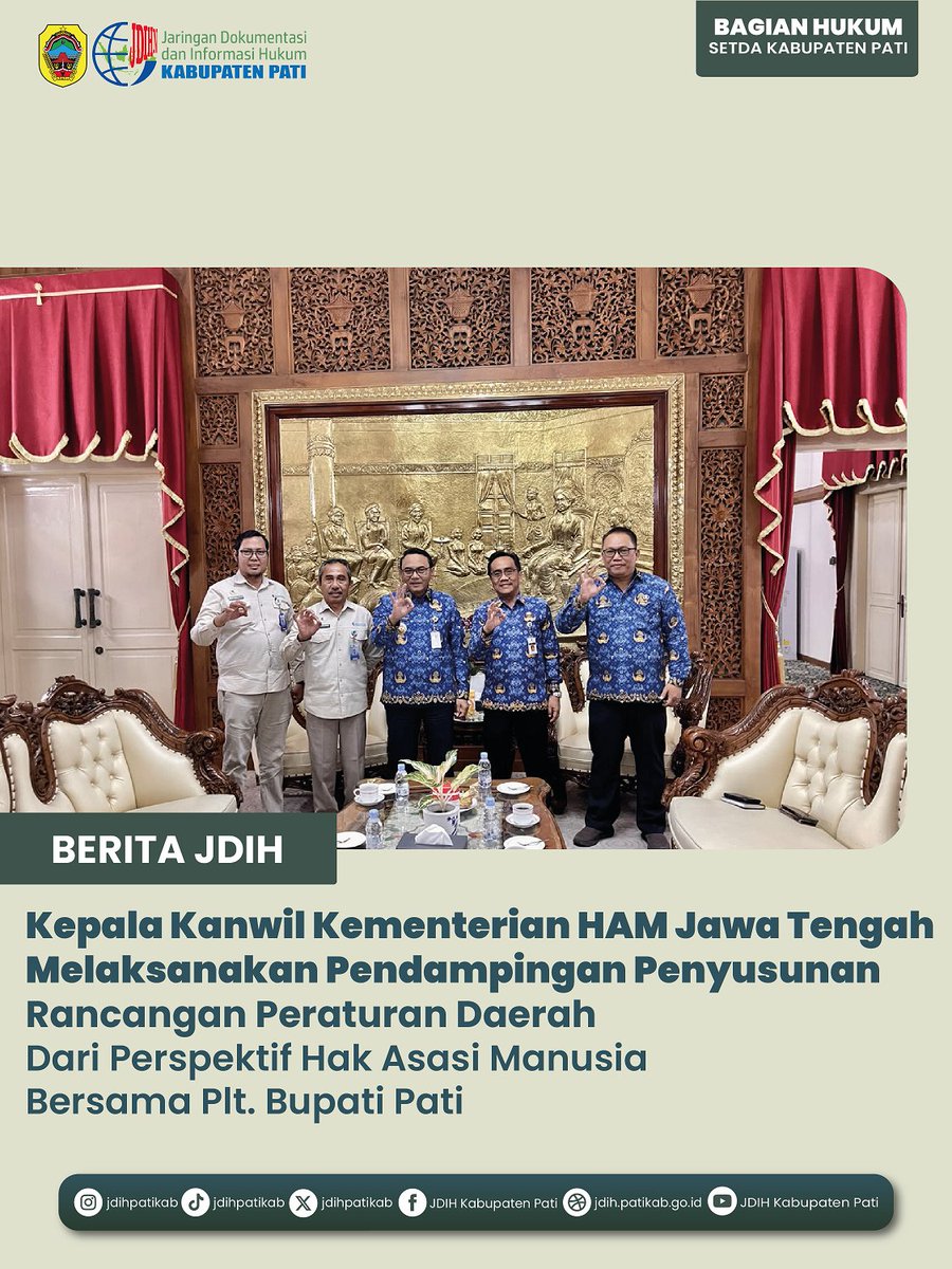 jdihpatikab's tweet photo. Mewujudkan Regulasi Daerah yang Berperspektif HAM

Kamis, 17 September 2026 Kepala Kantor Wilayah Kementerian HAM Jawa Tengah menyelenggarakan Pendampingan Penyusunan Rancangan Peraturan Daerah dari Perspektif  HAM di Pendopo Kabupaten Pati bersama Plt. Bupati Pati. https://t.co/WTjJD7YD87