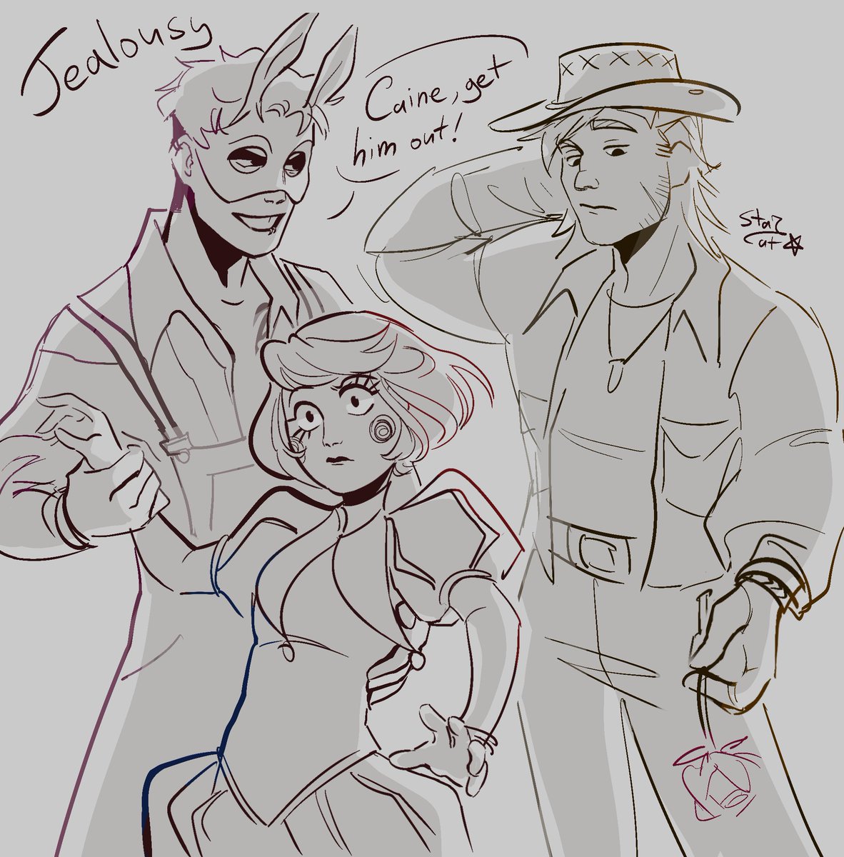 Starcatto8's tweet photo. FUNNYBUNNYTOBER | DAY 5
"Jealousy"

Jax doesn't want to share his "just stupid jester" with some "moron"

(it's based on AU, so they're humans) 
#funbuntober26 #funnybunny #tadc #fanart #sketch #jax #pomni #gummigoo https://t.co/zbxvHyNjbT