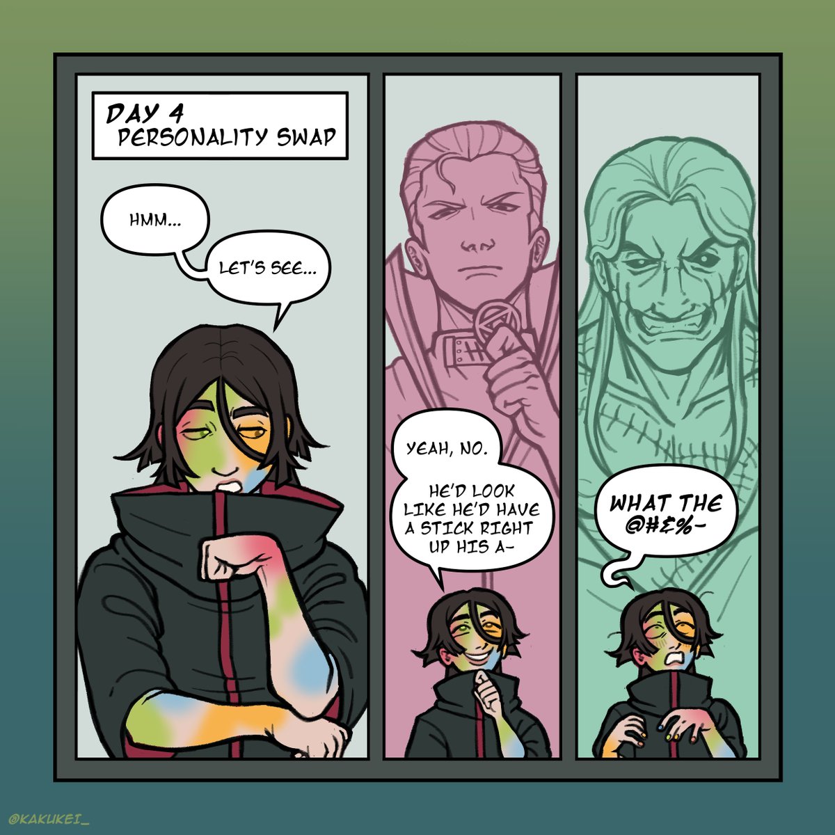 kakukei_'s tweet photo. ♞♝♜ · #inkatsuki2026: Day 04 · ♜♝♞  
· Personality Swap · 

❤️💚 #selfinsert #naruto #narutooc #akatsuki #hidan #kakuzu https://t.co/91W7JwhmKn