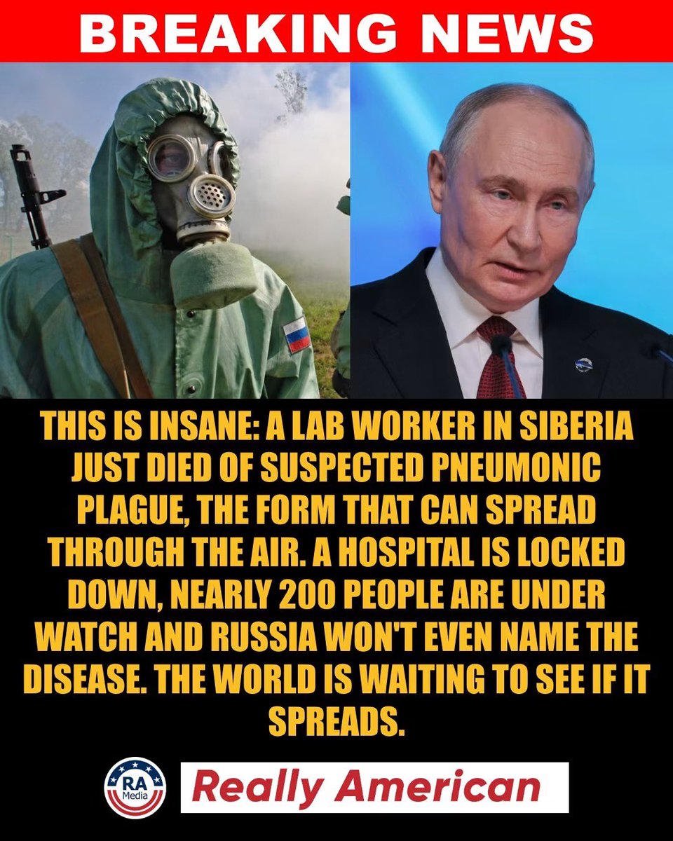 Bandoirl617's tweet photo. THIS IS INSANE: A deadly plague scare is unfolding in Russia right now, and the government is refusing to tell the public exactly what is happening.

Read that again.

A 28-year-old lab worker named Daria Shipilova has died of a suspected pneumonic plague infection in Siberia. https://t.co/bUwTouExpj