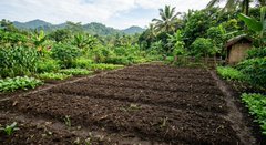 A photograph of a freshly tilled agricultural field with dark brown soil, bordered by lush green tropical vegetation and palm trees under a partly cloudy sky.