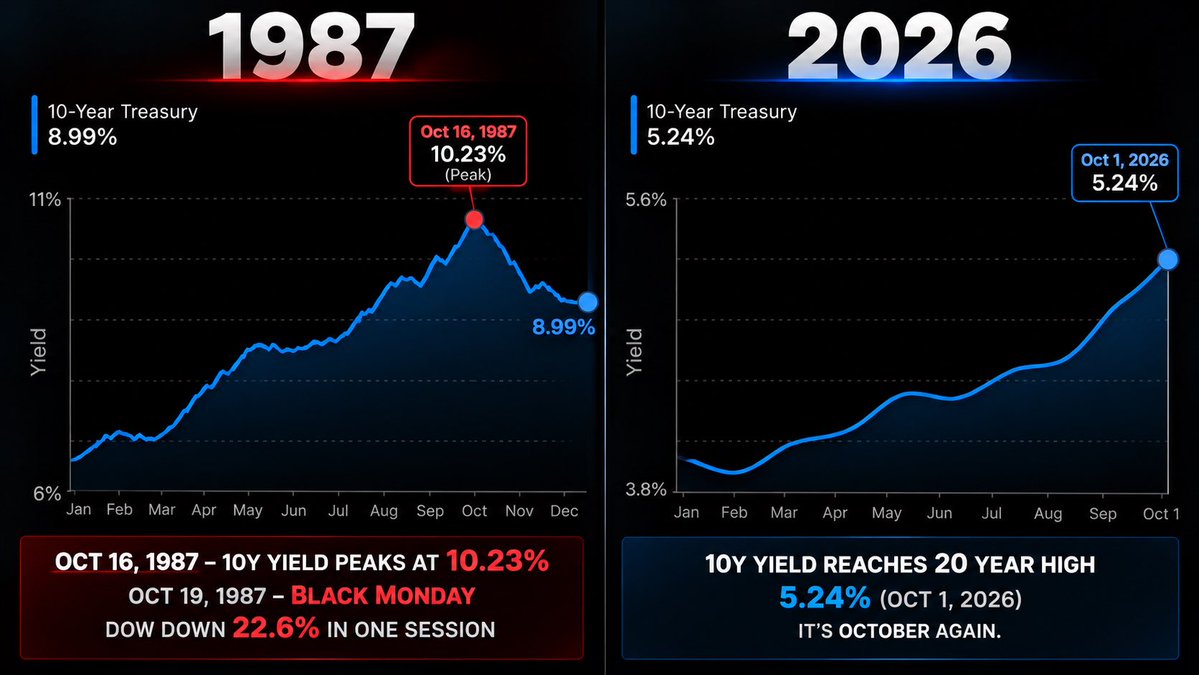 iV_trader's tweet photo. Something worth paying attention to…

In 1987, the 10-Year Treasury yield spent most of the year climbing.

January: ~7.1%
October 16: 10.23% the peak

Then came Monday, October 19.

Black Monday.

The Dow dropped more than 22% in a single session.

Fast-forward to today.

The 10-Year Treasury yield just reached its highest level since 2002. 

5.34%

And once again…

It’s October.

Am I saying another Black Monday is coming?

Absolutely not.

History doesn’t have to repeat itself for it to be worth studying.

But when the bond market starts sending signals like this, Its worth paying attention.

My approach is simple:

Keep buying power. Don’t chase. Be prepared.

I’ve been working heavily on specific $SPX levels and ranges where I want to become an aggressive buyer if we finally get a meaningful flush.

If the market gives us the dip, I want to be ready for it not scared of it.

Cash is a position. Buying power is opportunity.

$SPX