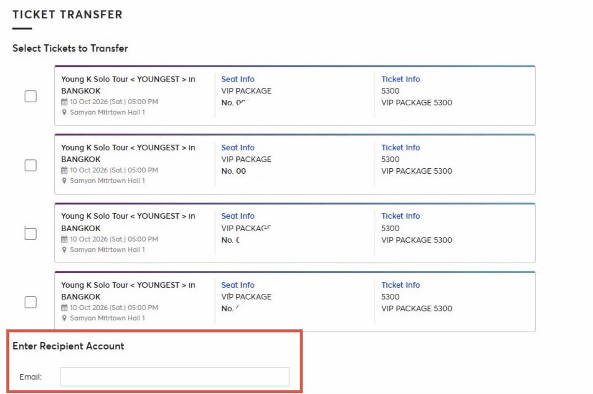 doublexday's tweet photo. @deartime__ It's a rule here😂 The ticketmaster TH🇹🇭has NO button to edit name. Only recipient's email is required. Even you transfer the ticket named Ms.A to Ms.B's account, it still shows as Ms.A's name on the ticket, and Ms.B has to take risk whether she'll be able to entrance or not. https://t.co/X5zC6wmrE7