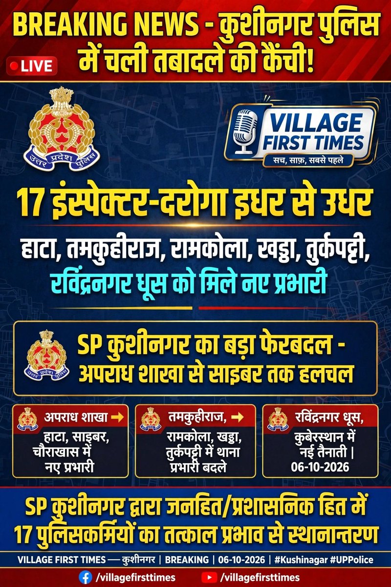 VftNews's tweet photo. कुशीनगर पुलिस में फिर चली तबादले की ‘कैंची’! थानों की कुर्सियां बदलीं, अपराध शाखा से साइबर तक बड़ा फेरबदल https://t.co/qxlNSS1FiD https://t.co/3RBgN2n022