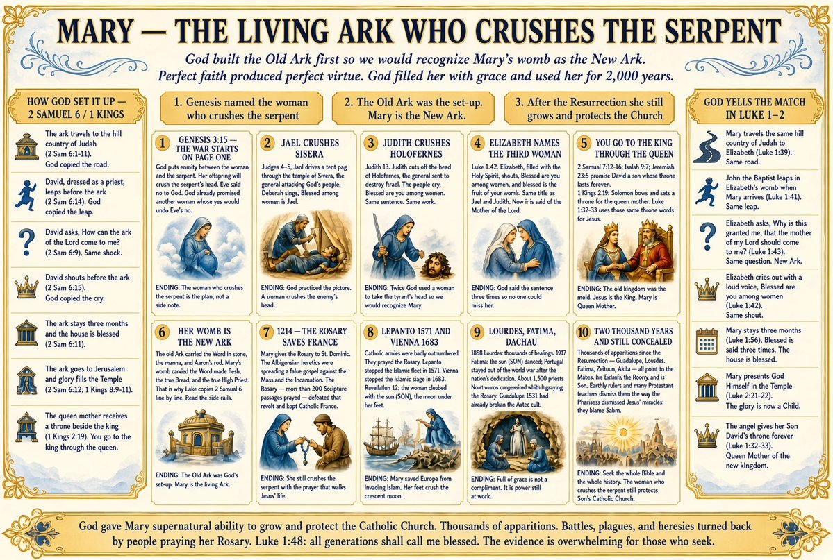 ThroughTheQueen's tweet photo. I apologize if your mind is made up on Mary, but just in case you are open to some new information.   She is likely the most biblical human, after Christ, in the Bible with incredible typology between 2Sam6 and Luke1 &2.  Also, one of the 3 blessed women, all who crushed Satan and obviously she is the Ark of the New Covenant when studied in totality.  Attached are a couple of helpful summary walks.  I threw in a summary of the Blessed Rosary, the most comprehensive biblical prayer that I know of.    Her miraculous apparitions are in the thousands, since Jesus resurrection.  I can supply significant material on them if interested.