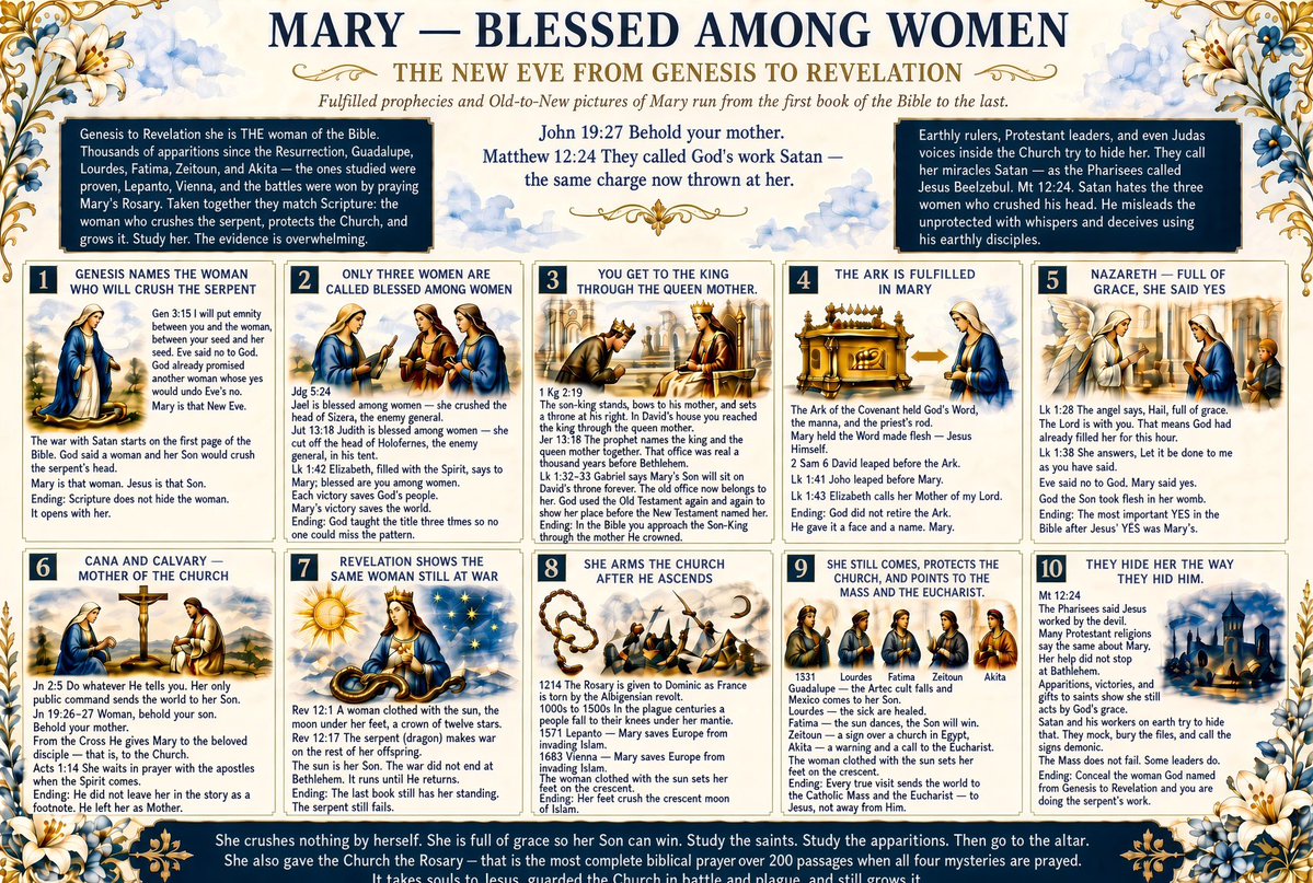 ThroughTheQueen's tweet photo. I apologize if your mind is made up on Mary, but just in case you are open to some new information.   She is likely the most biblical human, after Christ, in the Bible with incredible typology between 2Sam6 and Luke1 &2.  Also, one of the 3 blessed women, all who crushed Satan and obviously she is the Ark of the New Covenant when studied in totality.  Attached are a couple of helpful summary walks.  I threw in a summary of the Blessed Rosary, the most comprehensive biblical prayer that I know of.    Her miraculous apparitions are in the thousands, since Jesus resurrection.  I can supply significant material on them if interested.