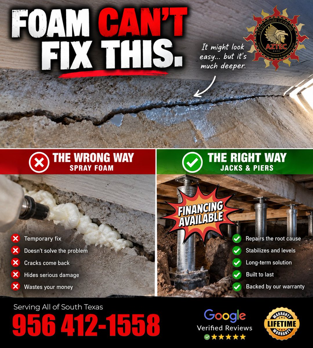 aztechl's tweet photo. FOAM CAN’T FIX THIS. 🚫
Foundation problems need a real solution, not a temporary cover-up.
✅ FREE inspections
💰 Financing available
🛡️ Lifetime guarantee
📍 Serving South Texas
📞 956-412-1558
#RGV #SouthTexas #FoundationRepair #HouseLeveling #AztecHouseLeveling https://t.co/BfiFwNiY3C