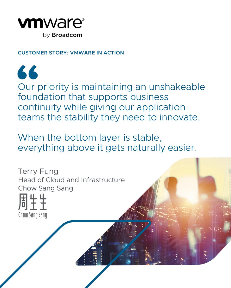 VMware's tweet photo. Jewelry retailer Chow Sang Sang Group uses VCF and VMware vSphere Kubernetes Service to keep core in-house apps running, mitigate unmanaged cloud sprawl, and empower engineers to innovate.

See how they are building for longevity: https://t.co/KIejNRk4zp https://t.co/Izr7NDffG9