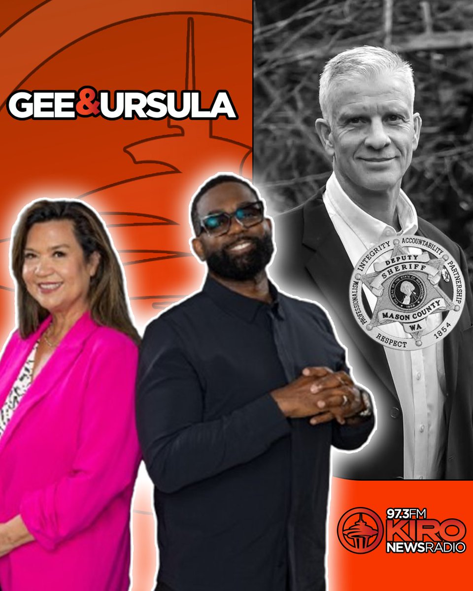 A 'Gee & Ursula' podcast cover featuring three people and a Mason County Deputy Sheriff badge, with a '97.3 FM KIRO NEWSRADIO' logo.