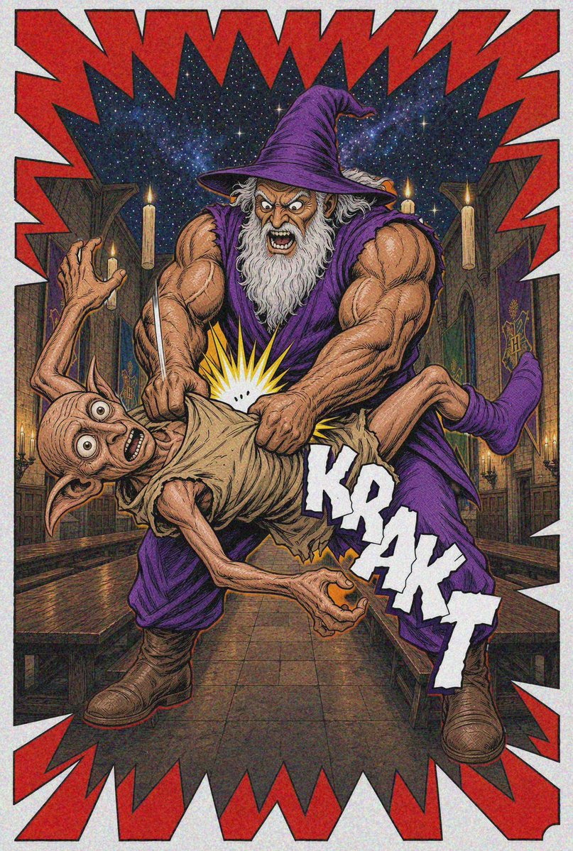 jawnhandler's tweet photo. Headcanon is that in the Malfoid timeline most things proceed more or less as canon but in many scenes the characters are pointedly trying to ignore Dobby and Dumblethor’s eternal battle; they’re potting mandrakes and Dumblethor suplexes Dobby through the roof-they just sigh https://t.co/nbjBFaJcty