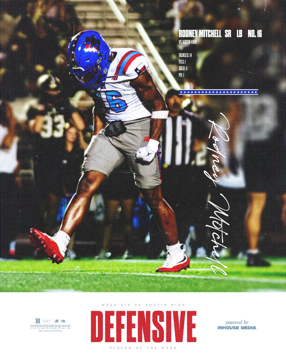 BudaHaysFB's tweet photo. Senior LB Rodney Mitchell was around the football ALL NIGHT, making plays against the run and helping create a turnover through the air.
For the second time this season, Rodney is your DPOTW. 🦅
@coachmarktorres
#RISE #BudaHaysFootball
Powered by @inhousemediatx #BuiltWithin https://t.co/InH60pVSXP