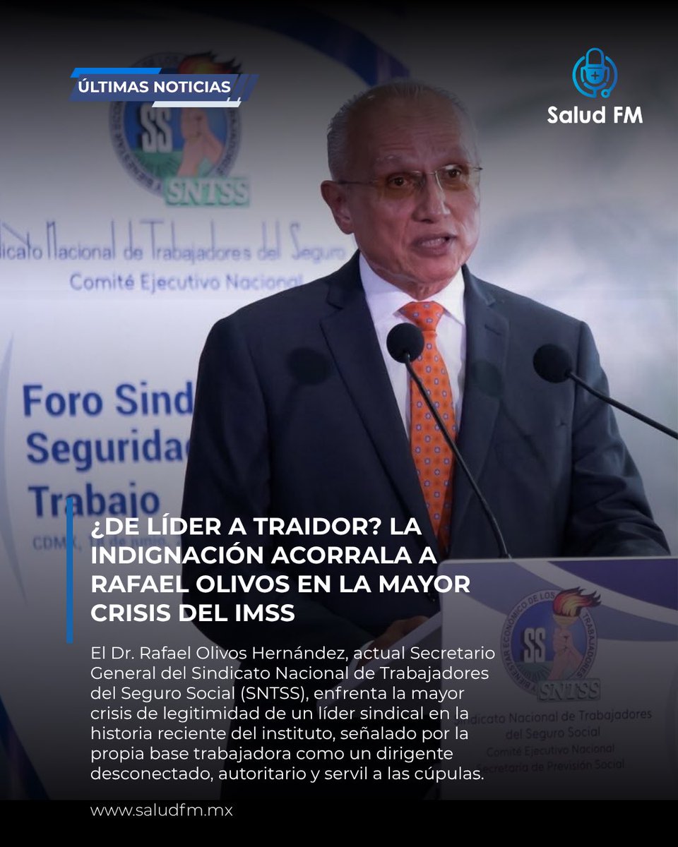 saludconfer's tweet photo. 😒En campaña muy amable y cercano al trabajador,¿ahora, ya se le olvidó?.

Lo que comenzó como un murmullo de pasillo en los hospitales del país se ha convertido en una rebelión abierta en las calles. El Dr. Rafael Olivos Hernández, actual Secretario General del Sindicato Nacional de Trabajadores del Seguro Social (SNTSS), enfrenta la mayor crisis de legitimidad de un líder sindical en la historia reciente del instituto, señalado por la propia base trabajadora como un dirigente desconectado, déspota, autoritario y servil a las cúpulas.   

😤La indignación estalló tras la imposición de un aumento salarial del 2.9%, calificado como una burla por médicos, enfermeras y personal de apoyo que operan bajo condiciones extremas. Mientras el personal de salud debe comprar con sus propios bolsillos insumos básicos como baumanómetros, oxímetros y glucómetros para salvar vidas, la dirigencia sindical que encabeza Olivos impone convenios que desprotegen el poder adquisitivo de más de 400 mil familias de la salud.   

🤬La molestia escaló a niveles insostenibles luego de hacerse virales sus declaraciones dirigidas al personal inconforme, a quienes calificó despectivamente de tener “solo dos neuronas” por cuestionar las cifras de la negociación. 

A esta actitud calificada de “déspota” por la militancia, se le suma el recuerdo de una elección con boleta de candidato único, tildada por múltiples colectivos como una simulación democrática que cerró el paso a cualquier oposición representativa.   

🥴Hoy, la demanda en las sedes sindicales es inequívoca: ¡Destitución e investigación inmediata! Cansados del hostigamiento laboral, el manejo opaco de las cuotas millonarias y la falta de respuesta ante la precariedad de las clínicas, la base trabajadora exige cuentas claras a un liderazgo que, aseguran, ha olvidado a quienes sostienen diariamente al sistema de salud mexicano.

🤕34 años en el IMSS y 2 décadas en el sindicato. ¿Olivos no suelta al Instituto o el Instituto no suelta a Olivos?

#imss #sindicato #sntss #mexico #salud
