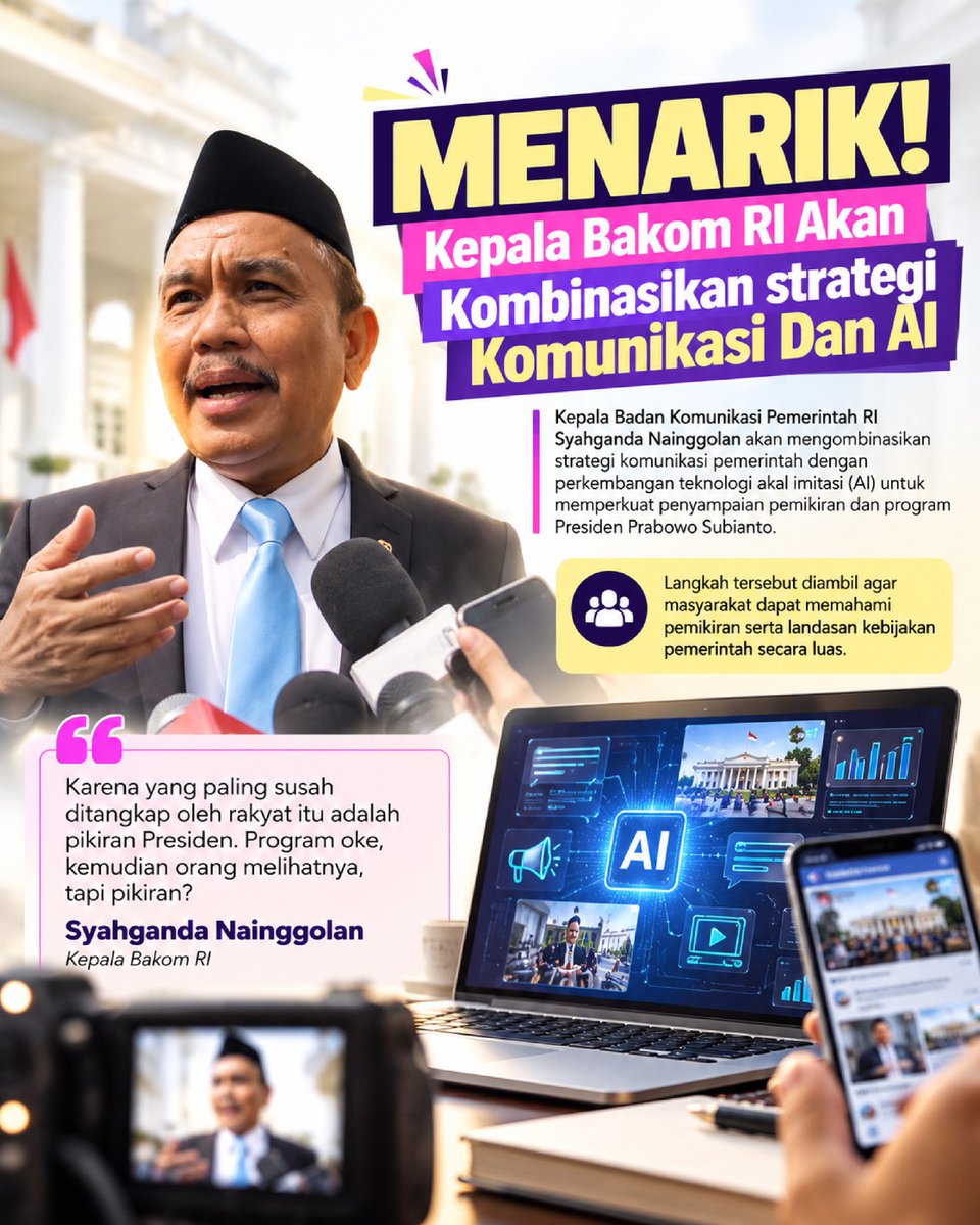 wargerry_'s tweet photo. Wah, menarik nih! Bakom RI mau pakai AI buat bantu nyebarin ide-ide Presiden. Makin gampang ngerti program pemerintah nih, guys. π
#jagaindonesia #inovasi #teknologi #indonesiamaju #aitechnology https://t.co/cbimwgmdJQ