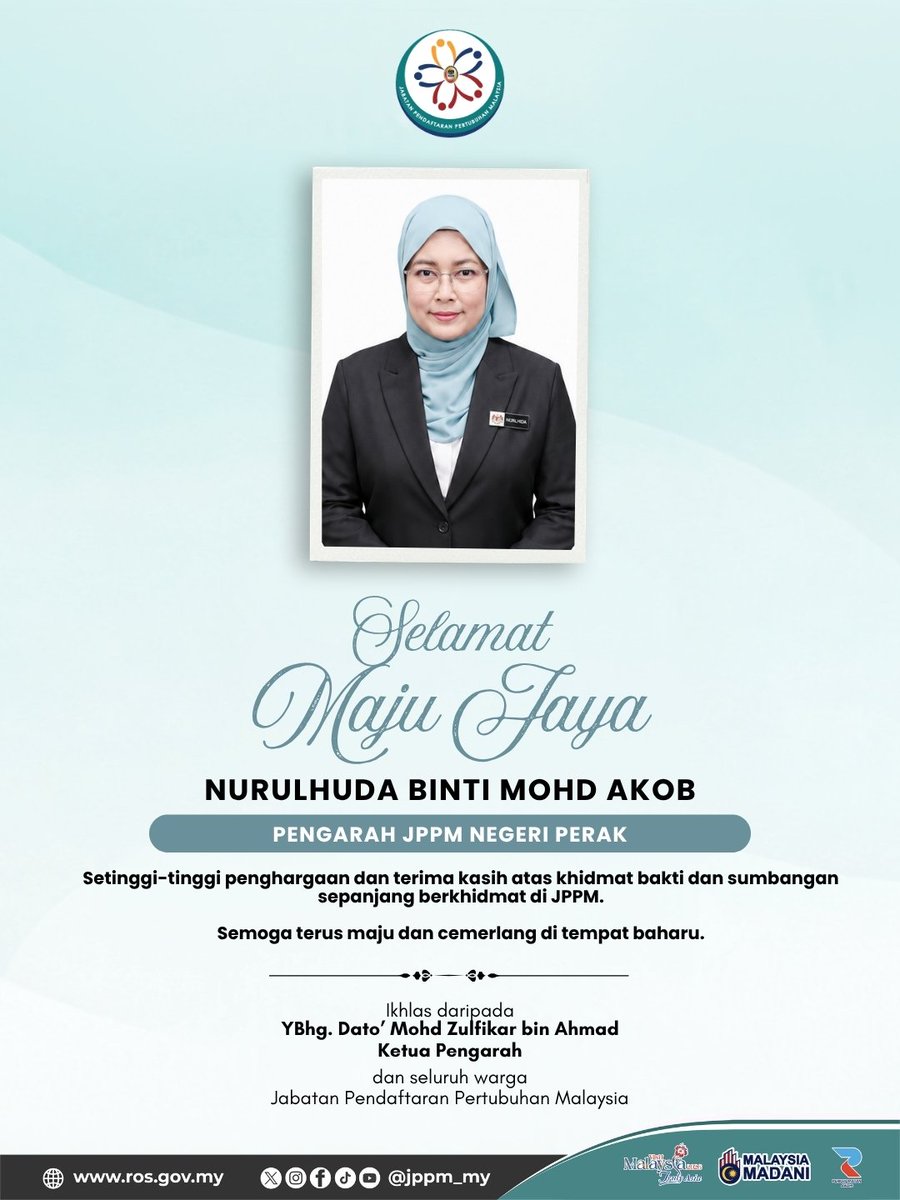 jppm_my's tweet photo. SELAMAT MAJU JAYA NURULHUDA BINTI MOHD AKOB
Sekalung penghargaan buat Nurulhuda binti Mohd Akob, Pengarah JPPM Negeri Perak atas komitmen dan sumbangan sepanjang berkhidmat di Jabatan Pendaftaran Pertubuhan Malaysia (JPPM).
#JPPM #ROS
#MalaysiaMADANI https://t.co/yyS6dmiqNx