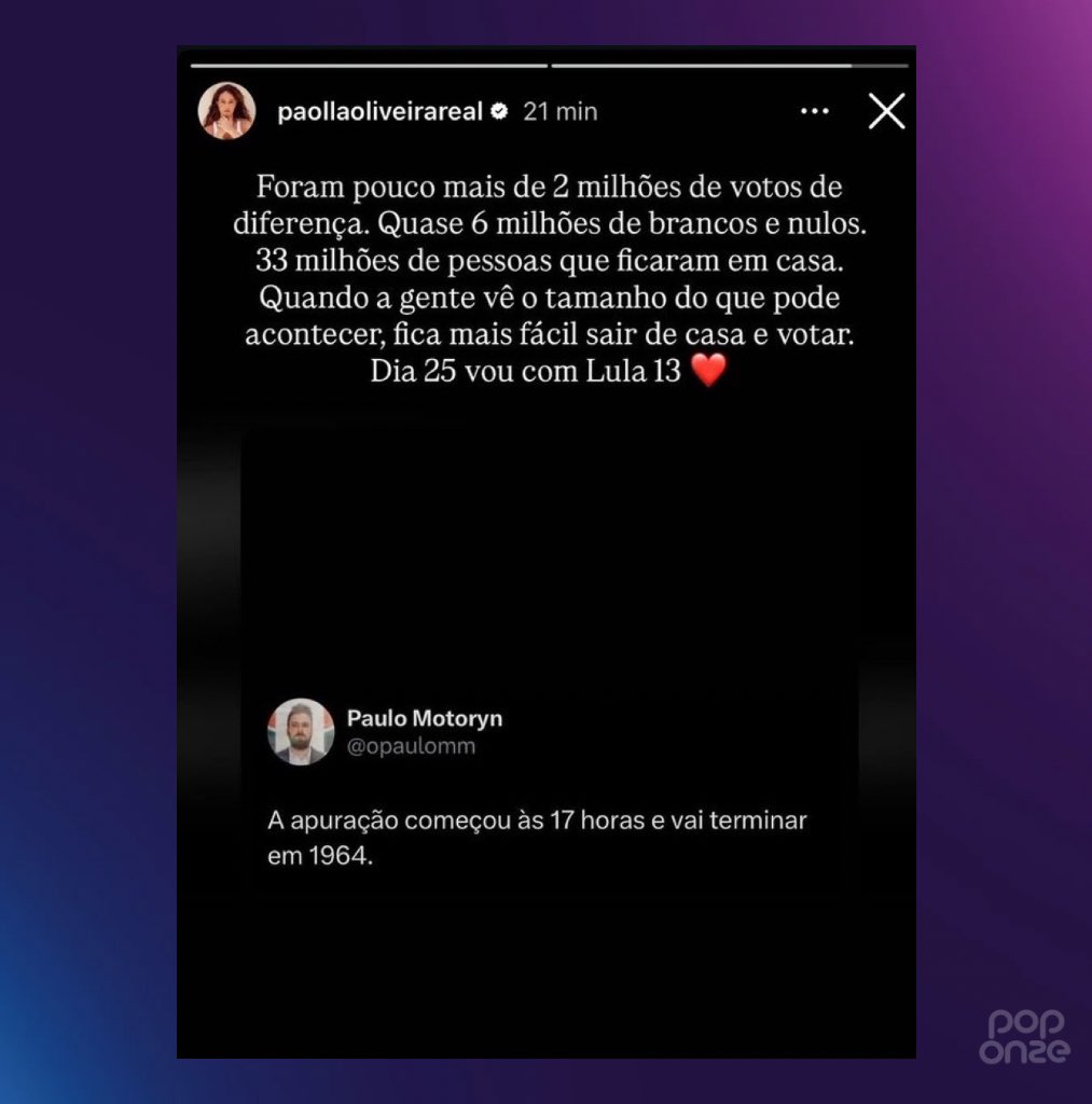 poponze's tweet photo. Paolla Oliveira faz post sobre as eleições:

“Foram pouco mais de 2 milhões de votos de diferença. Quase 6 milhões de brancos e nulos. 33 milhões de pessoas que ficaram em casa. Quando a gente vê o tamanho do que pode acontecer, fica mais fácil sair de casa e votar. Dia 25 vou com Lula 13.”