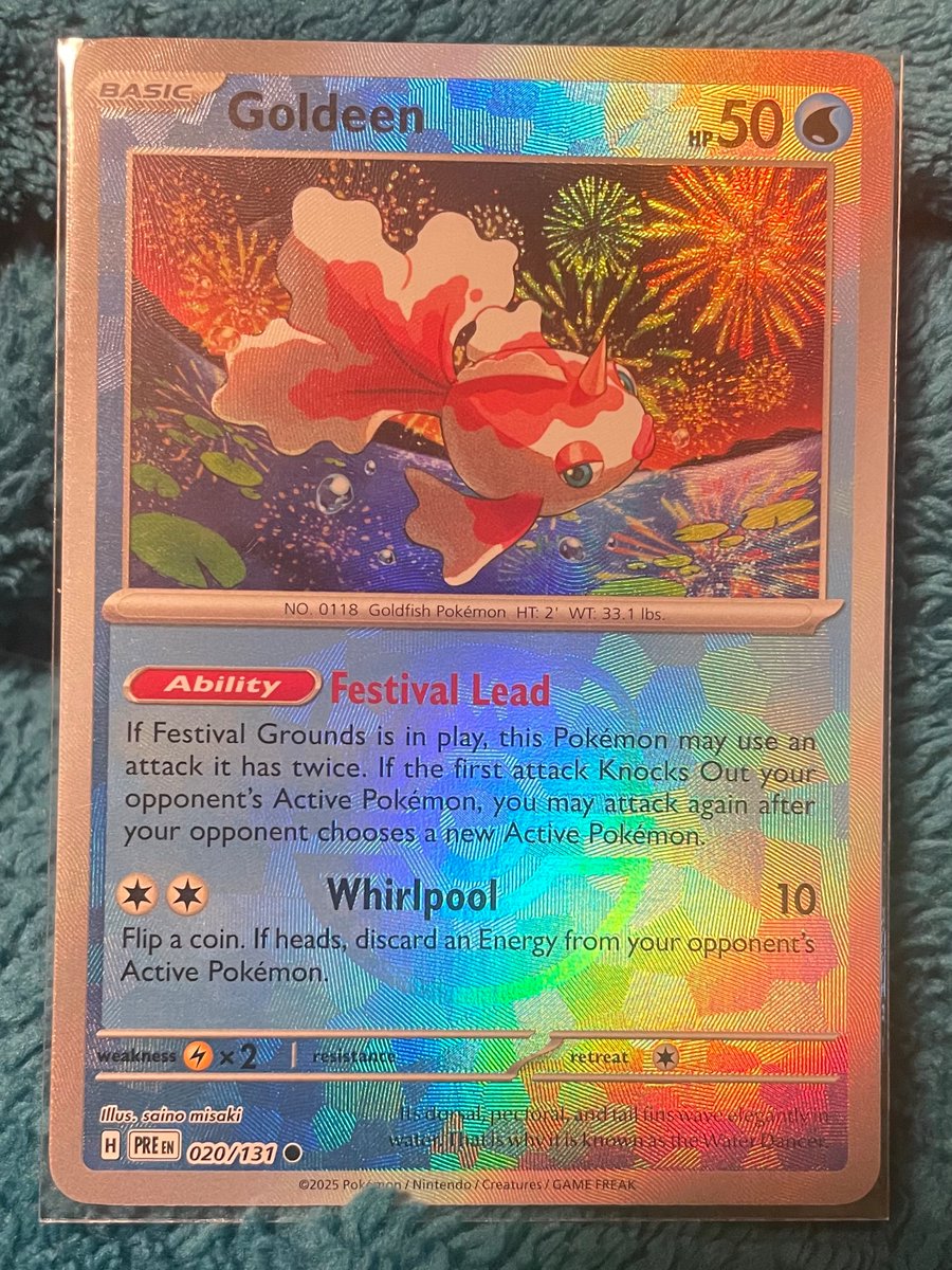 yubicopter's tweet photo. ok i finally remembered, goldeen!! i have a regular pokeball version of the jolteon from this set too but this holo pattern just looks a lot cooler with the water type i think,, https://t.co/H6yCI5hqlt