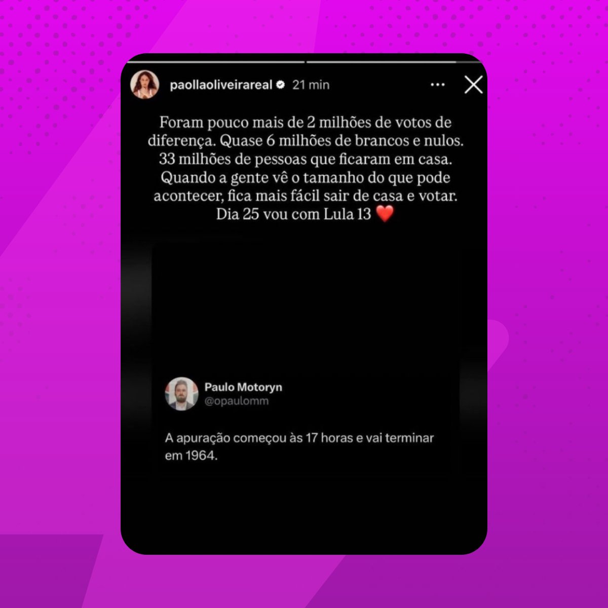 poptime's tweet photo. 🚨⭐ Paolla Oliveira declara apoio à Lula no segundo turno e pede para que pessoas vão às urnas:

"Dia 25 vou com Lula 13" https://t.co/IEuuKH48XD