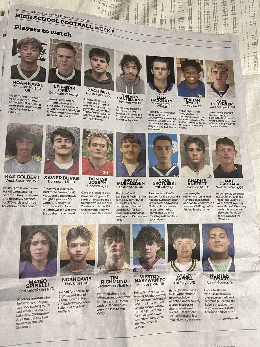 AydenAversaWR's tweet photo. Times-Tribune High School Football Week 6. Players to Watch!💪🏈
#recruit #parecruit #football #playertowatch #nepa #2028recruit
@JamesSobol @coachtfogg https://t.co/wLuqbqXQpT