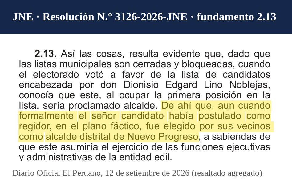 lucianolopez27's tweet photo. #OjoAlDato No es correcto lo que aquí se afirma. Hay un caso exacto resuelto por el JNE que se aplicaría a López Aliaga. Es del 18 de agosto de 2026, en otro expediente, y quien perdió fue su propio partido.

Res. 3126-2026-JNE (Nuevo Progreso, San Martín). Una lista llegó a la elección sin candidato a alcalde, encabezada por el regidor 1, y ganó. ¿Fue «elegido» alcalde o solo «sucedió»? El Pleno, sin votos en contra: «aun cuando formalmente […] había postulado como regidor, en el plano fáctico, fue elegido por sus vecinos como alcalde». Otra lectura, dijo, «vaciaría de contenido» la prohibición de reelección. Renovación Popular sostuvo lo contrario y su apelación fue declarada infundada.

Lima, 4 de octubre: una lista sin candidato a alcalde, encabezada por el regidor 1, que ya fue elegido alcalde en 2022. Con la regla del propio JNE, eso es elegirlo alcalde dos veces seguidas. El art. 194 de la Constitución lo prohíbe.

Que renunciara en 2025 no cambia nada: desde 2018 el JNE aplica la prohibición al alcalde elegido aunque haya sido vacado, revocado o suspendido (Res. 0442-2018-JNE). Y el TC ya dijo que no existe un «supuesto derecho a ser reelegido» (Exp. 00008-2018-PI/TC).

No hay que anular un solo voto. Si esa lista gana, conserva la alcaldía: la credencial va al siguiente regidor. Lo que no cabe es una regla en agosto y otra en octubre.