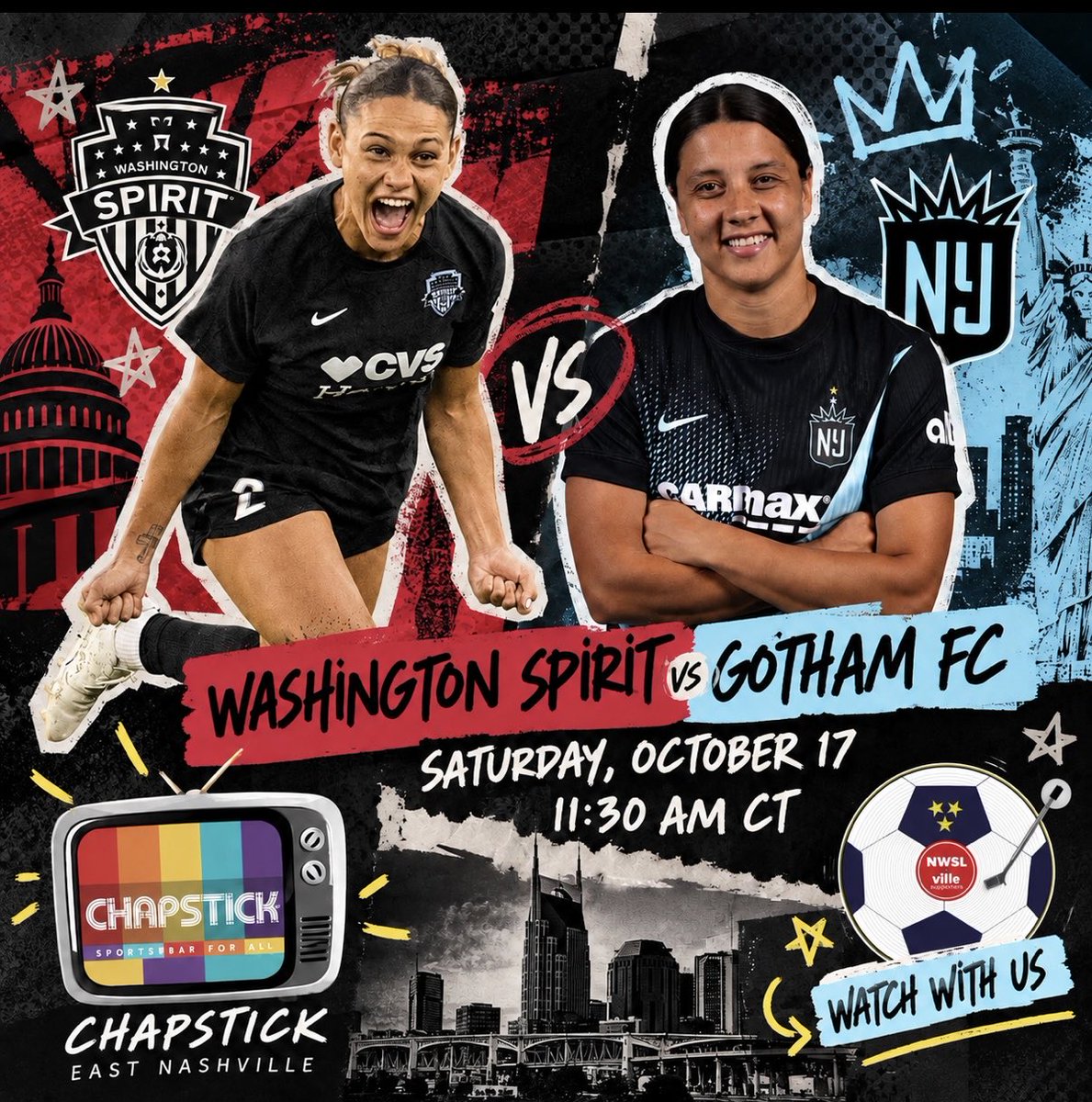 nwslville's tweet photo. Last regular season watch party! ⚽️

Washington Spirit 🆚 Gotham FC
📅 Sat. 10/17
⏰ 11:30 AM CT
📍 Chapstick East Nashville
🔊 Sound ON

Come hang with NWSLville and close out the regular season with us! 🍻 https://t.co/LWqw9W7SUi