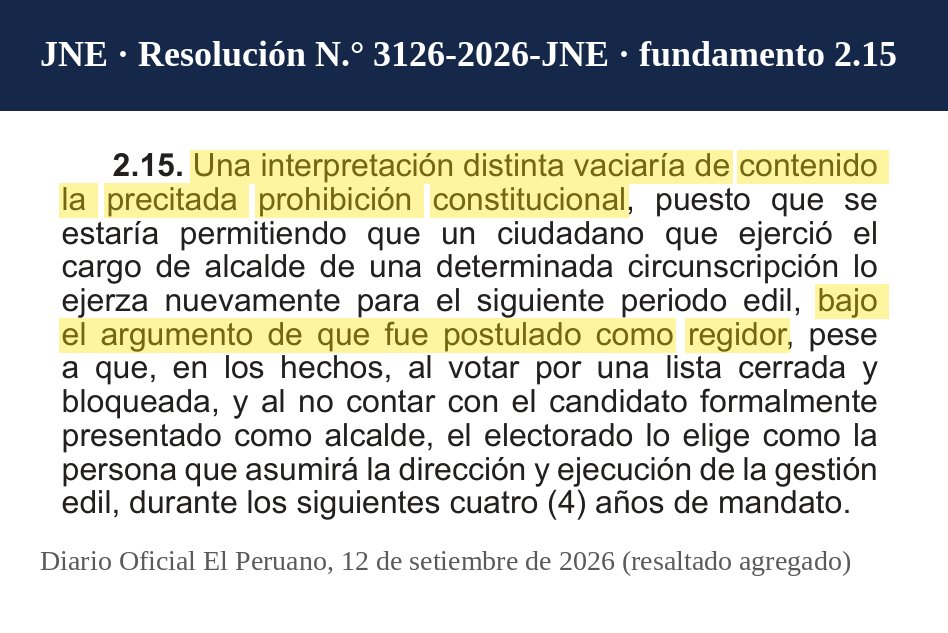 lucianolopez27's tweet photo. #OjoAlDato No es correcto lo que aquí se afirma. Hay un caso exacto resuelto por el JNE que se aplicaría a López Aliaga. Es del 18 de agosto de 2026, en otro expediente, y quien perdió fue su propio partido.

Res. 3126-2026-JNE (Nuevo Progreso, San Martín). Una lista llegó a la elección sin candidato a alcalde, encabezada por el regidor 1, y ganó. ¿Fue «elegido» alcalde o solo «sucedió»? El Pleno, sin votos en contra: «aun cuando formalmente […] había postulado como regidor, en el plano fáctico, fue elegido por sus vecinos como alcalde». Otra lectura, dijo, «vaciaría de contenido» la prohibición de reelección. Renovación Popular sostuvo lo contrario y su apelación fue declarada infundada.

Lima, 4 de octubre: una lista sin candidato a alcalde, encabezada por el regidor 1, que ya fue elegido alcalde en 2022. Con la regla del propio JNE, eso es elegirlo alcalde dos veces seguidas. El art. 194 de la Constitución lo prohíbe.

Que renunciara en 2025 no cambia nada: desde 2018 el JNE aplica la prohibición al alcalde elegido aunque haya sido vacado, revocado o suspendido (Res. 0442-2018-JNE). Y el TC ya dijo que no existe un «supuesto derecho a ser reelegido» (Exp. 00008-2018-PI/TC).

No hay que anular un solo voto. Si esa lista gana, conserva la alcaldía: la credencial va al siguiente regidor. Lo que no cabe es una regla en agosto y otra en octubre.