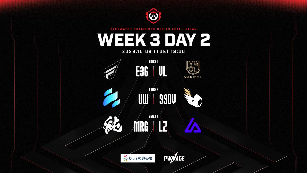 WDGJAPAN's tweet photo. WEEK 3 DAY 2｜2026 OWCS ASIA : Japan Stage 3

本日18時から、WEEK 3 DAY 2の試合が始まります！🔥
ぜひリアルタイムで応援してください！

@ENTERFORCE_36  🆚 @_VARREL
@U_winks_ 🆚 @99divine_     
@MURASHeSports 🆚 @lazuli_team

✦配信チャンネル
🟣https://t.co/mjUYjrORc6
🔴https://t.co/aiLK4J7umn
🔵https://t.co/6N9lLfWXNl

🎙実況 - 蒼汁 @Aojiru2581
🎙解説 - mimoza @mimoza_ow

#オーバーウォッチ
#OWCS