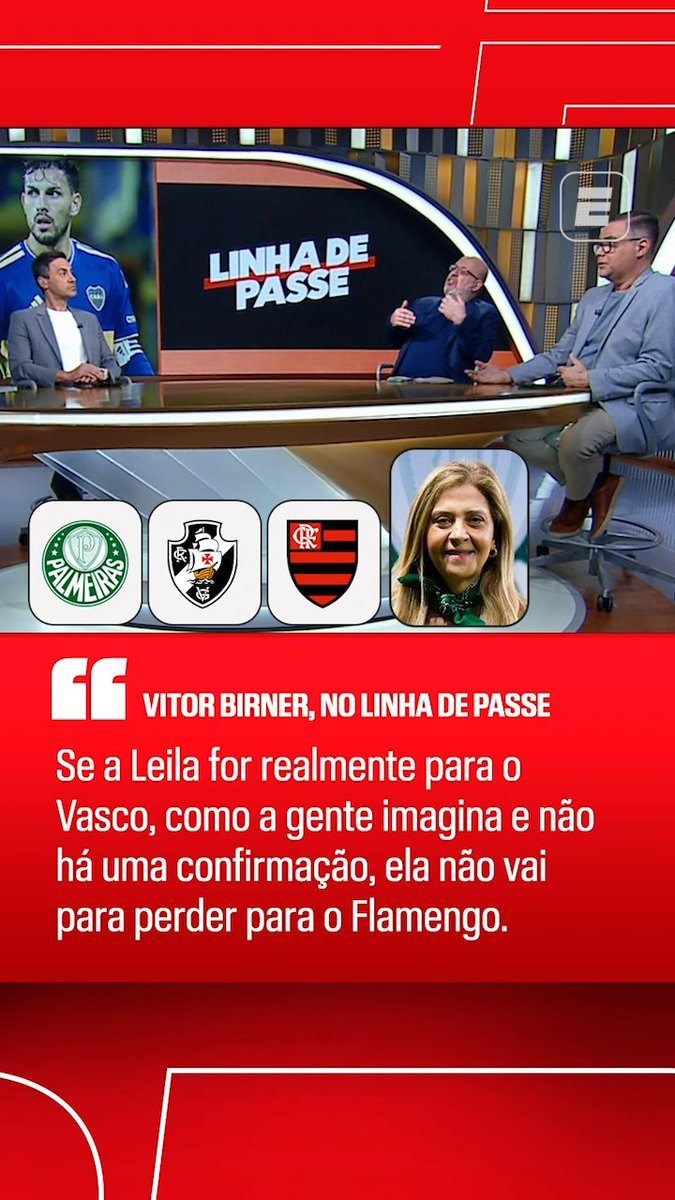 A Brazilian sports TV broadcast screenshot from 'LINHA DE PASSE' featuring commentators at a desk, with logos of Palmeiras, Vasco, and Flamengo, and a quote from Vitor Birner discussing Vasco's transfer dealings.
