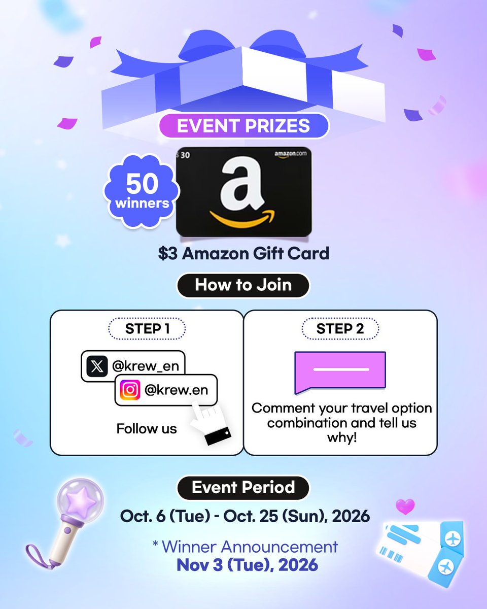 krew_en's tweet photo. #EVENT
 If you had $10 to build your own Hallyu trip, which combination would you pick?

Pick one option from each category and create your own Hallyu trip! 💸

👀 How to Join
Follow KREW
IG: @ krew.en / X: @krew_en
Leave your travel combination and the reason why in the comments!
e.g. 1 + 5 + 9
💡 Tag a friend or share this post to increase your chances of winning!

🗓️ Event Period
Oct. 6 (Tue) – Oct. 25 (Sun), 2026

🏆 Winner Announcement
Nov. 3 (Tue)
 ※ Winners will be announced in the comments section of this post and will be contacted individually via dm.

🎁 Prize
 $3 Amazon Gift Card | 50 winners
Join 2 or more monthly events throughout the year to receive an entry into the Year-End Lucky Draw!
The more events you join, the higher your chances of winning. Don’t miss out!

✔ Winners must submit the required information for prize delivery. If no response is received within the given period, the prize may be forfeited.

✔ The personal information provided will only be used for prize delivery and the operation of the Year-End Lucky Draw.

#Krew #Kdrama #Kpop #KoreaTravel #ThingsToDoInKorea