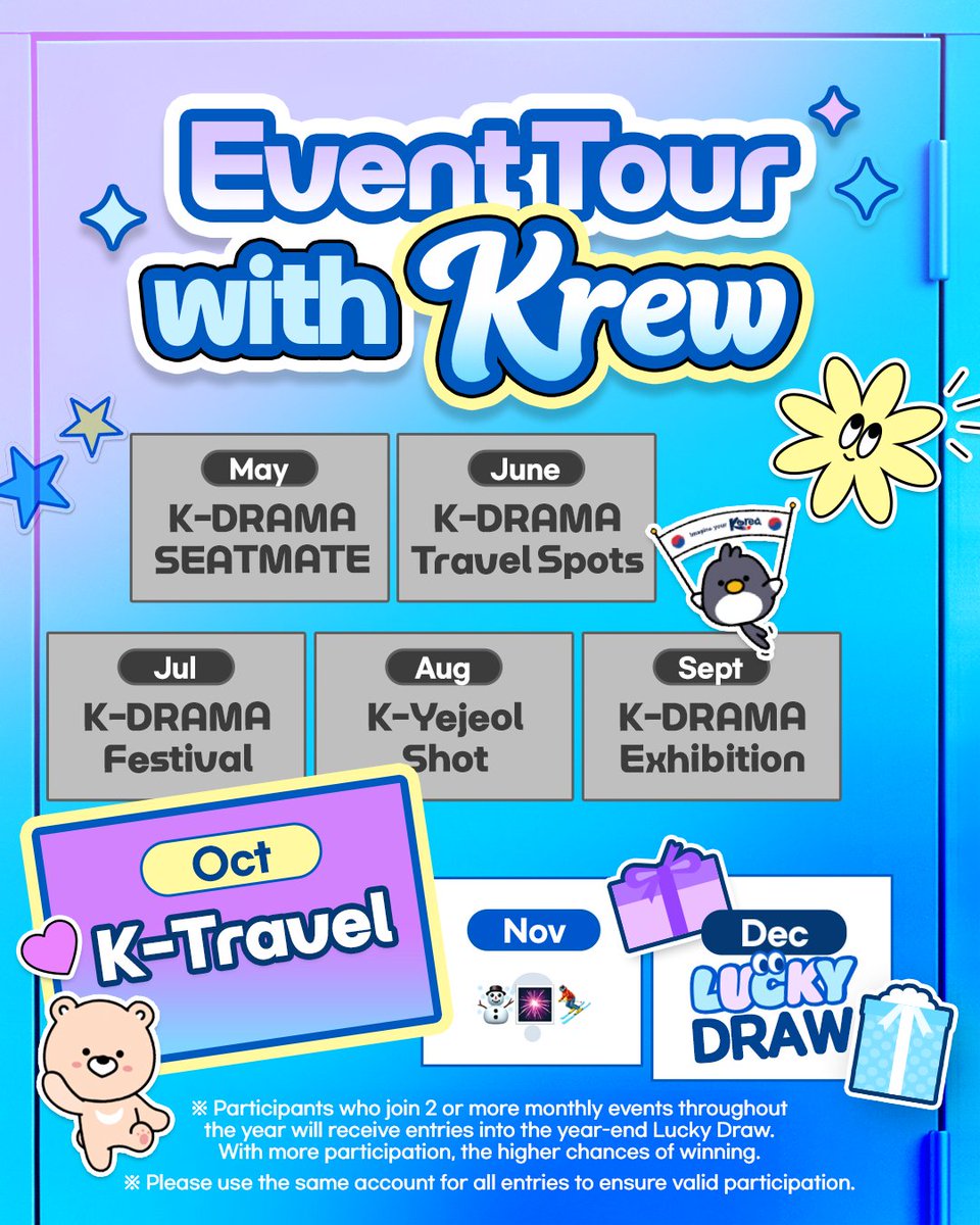 krew_en's tweet photo. #EVENT
 If you had $10 to build your own Hallyu trip, which combination would you pick?

Pick one option from each category and create your own Hallyu trip! 💸

👀 How to Join
Follow KREW
IG: @ krew.en / X: @krew_en
Leave your travel combination and the reason why in the comments!
e.g. 1 + 5 + 9
💡 Tag a friend or share this post to increase your chances of winning!

🗓️ Event Period
Oct. 6 (Tue) – Oct. 25 (Sun), 2026

🏆 Winner Announcement
Nov. 3 (Tue)
 ※ Winners will be announced in the comments section of this post and will be contacted individually via dm.

🎁 Prize
 $3 Amazon Gift Card | 50 winners
Join 2 or more monthly events throughout the year to receive an entry into the Year-End Lucky Draw!
The more events you join, the higher your chances of winning. Don’t miss out!

✔ Winners must submit the required information for prize delivery. If no response is received within the given period, the prize may be forfeited.

✔ The personal information provided will only be used for prize delivery and the operation of the Year-End Lucky Draw.

#Krew #Kdrama #Kpop #KoreaTravel #ThingsToDoInKorea