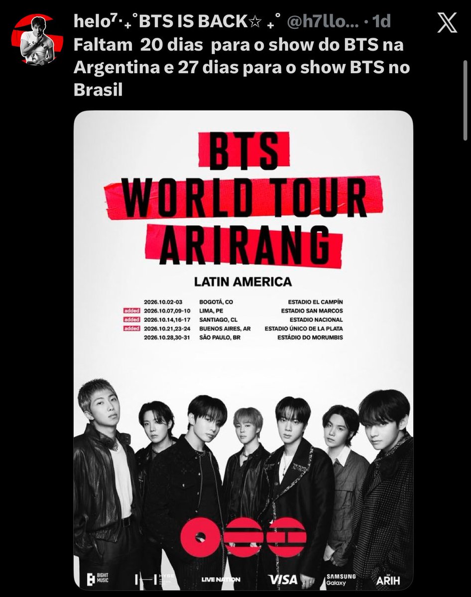 h7lloys's tweet photo. Faltam  19 dias  para o show do BTS na Argentina e 26 dias para o show BTS no Brasil https://t.co/b1Fpax0TWU