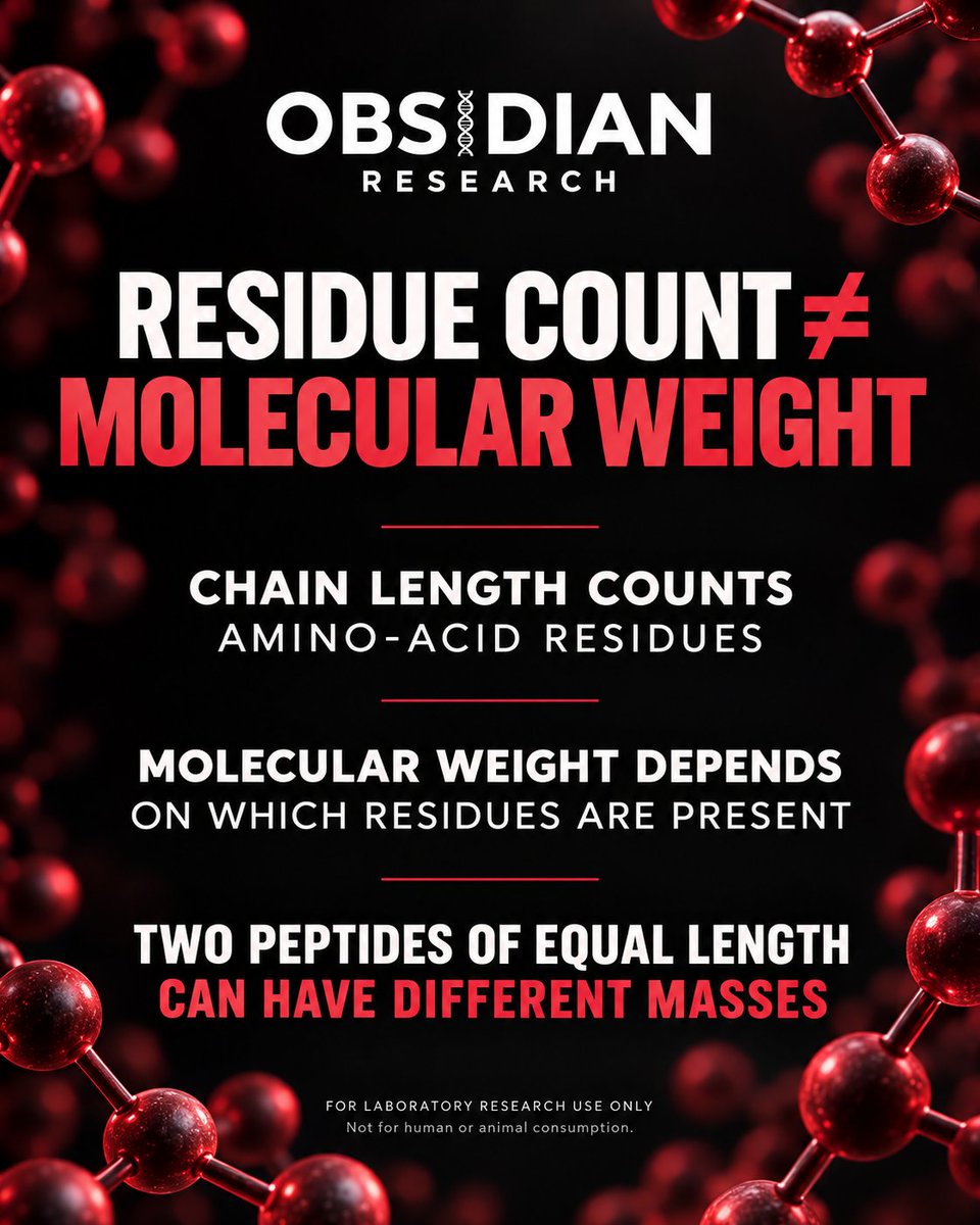 Obsidian2026's tweet photo. Residue count and molecular weight are not interchangeable.

Two peptides can contain the same number of amino-acid residues but have different molecular masses.

https://t.co/qEpvfLjTkR

RUO. https://t.co/WwrhHD9dxd
