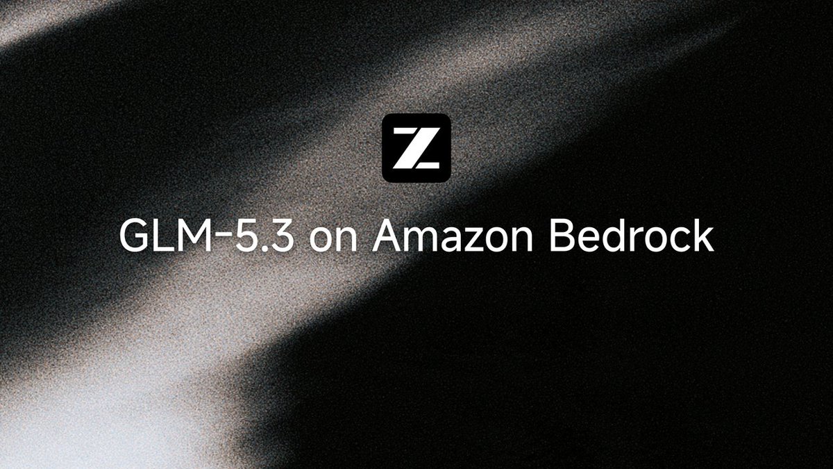 ZaiforStartups's tweet photo. GLM-5.3 is now available on Amazon Bedrock.

For startups building on AWS, this means frontier intelligence where your workloads already run, from early prototype to production. 

We can’t wait to see what founders ship with it.

Get started: https://t.co/q3o7g8uOSX https://t.co/AtLSLB4F6j