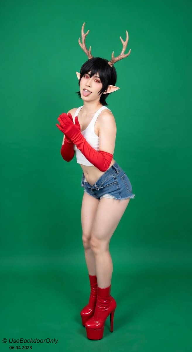 UseBackdoorOnly's tweet photo. Backdoor deer-elf cosplay / green screen session (April 2023)
This was a huge, long photo shoot on green screen so I could later composite her into fantasy backgrounds. We went all out!
By this point I had finally bought the long red velvet gloves and the perfect red platform heels (bought months earlier for work and specifically for Backdoor cosplay… they were made for her). I was so excited… but then disaster struck: I completely lost my red thigh-high stockings the day before the shoot. Couldn’t find them anywhere, and no time to buy new ones. Classic cosplay tragedy.
The antlers were the cheap eBay headband version worn under the Rukia wig (also cheap eBay… lesson learned, never buy low-quality cosplay gear). The headband was uncomfortable and the antlers were way too big for the wig. The black bob wig was there to hide my short hair, but looking back it was a bit silly, especially since I had already done earlier shoots with my real short hair and no wig at all.
Red eyes added in post (as always, all photos were heavily edited and retouched before going live).
I’ve improved my Backdoor cosplays a lot since this session. I still keep the core look (black hair, antlers, elf ears, red eyes), but now I love mixing her with other outfits I actually enjoy wearing too. This was the “proper” canonical version I was building toward at the time, and I still really like the final vibe… but I’ve come a long way! What do you think of this older version?
#UseBackdoorOnly #DeerGirl #GreenScreenCosplay #ElfCosplay