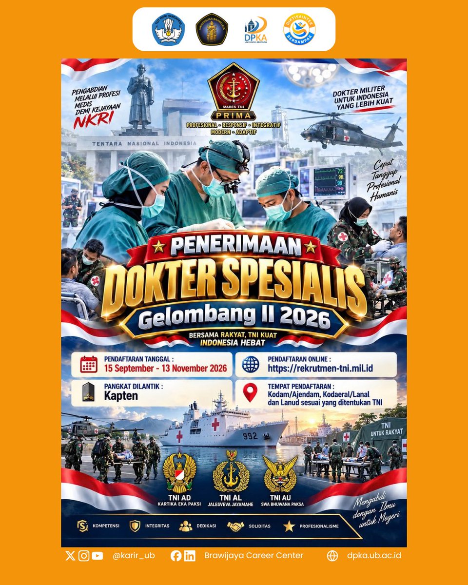 karir_ub's tweet photo. TNI membuka kesempatan bagi putra-putri terbaik Indonesia untuk bergabung melalui Penerimaan Perwira Prajurit Karier (PA PK) TNI Tahun 2026.
📅 Pendaftaran: 16 September – 20 Oktober 2026
🌐 Informasi lengkap: https://t.co/gbmFDs0VsL https://t.co/ekeqmZqXyg