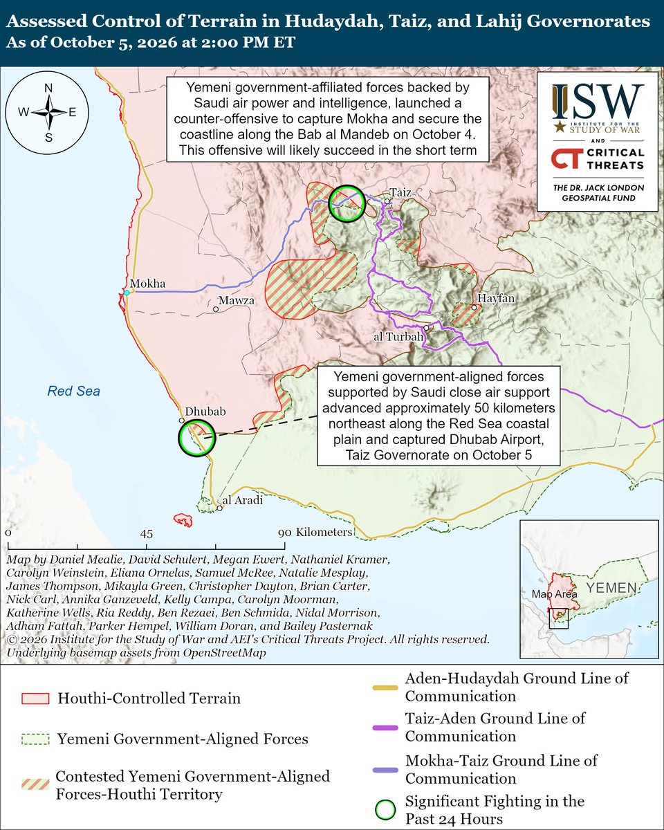 TheStudyofWar's tweet photo. MORE: Government-aligned forces are already at Dhubab Airport, which is 54km from Mokha, and some local media have published uncorroborated footage of government-aligned forces entering Mokha after reported Houthi withdrawals. ⬇️
The retreat of Houthi lines at Mayyun (Perim) Peninsula northwards to at least Dhubab (a distance of approximately 30 km) suggests a major collapse, and there is no evidence currently that the Houthis have halted the collapse of their forces.
This collapse indicates that Yemeni government forces will be able to push the routed Houthis further north rapidly, possibly to and beyond Mokha if conditions hold. Indications that the Houthis have successfully brought the collapse under control south of Mokha would include sustained fighting in the same locations over some period along the coast.
ISW-CTP will continue to watch for indications that the Houthis have reestablished defensive positions. Local Yemeni media posted unverified footage reportedly showing Houthi fighters leaving Houthi-held positions north and east of Mokha city on October 5, suggesting that the collapse is ongoing and that the Houthis have not reestablished defensive positions after the initial collapse