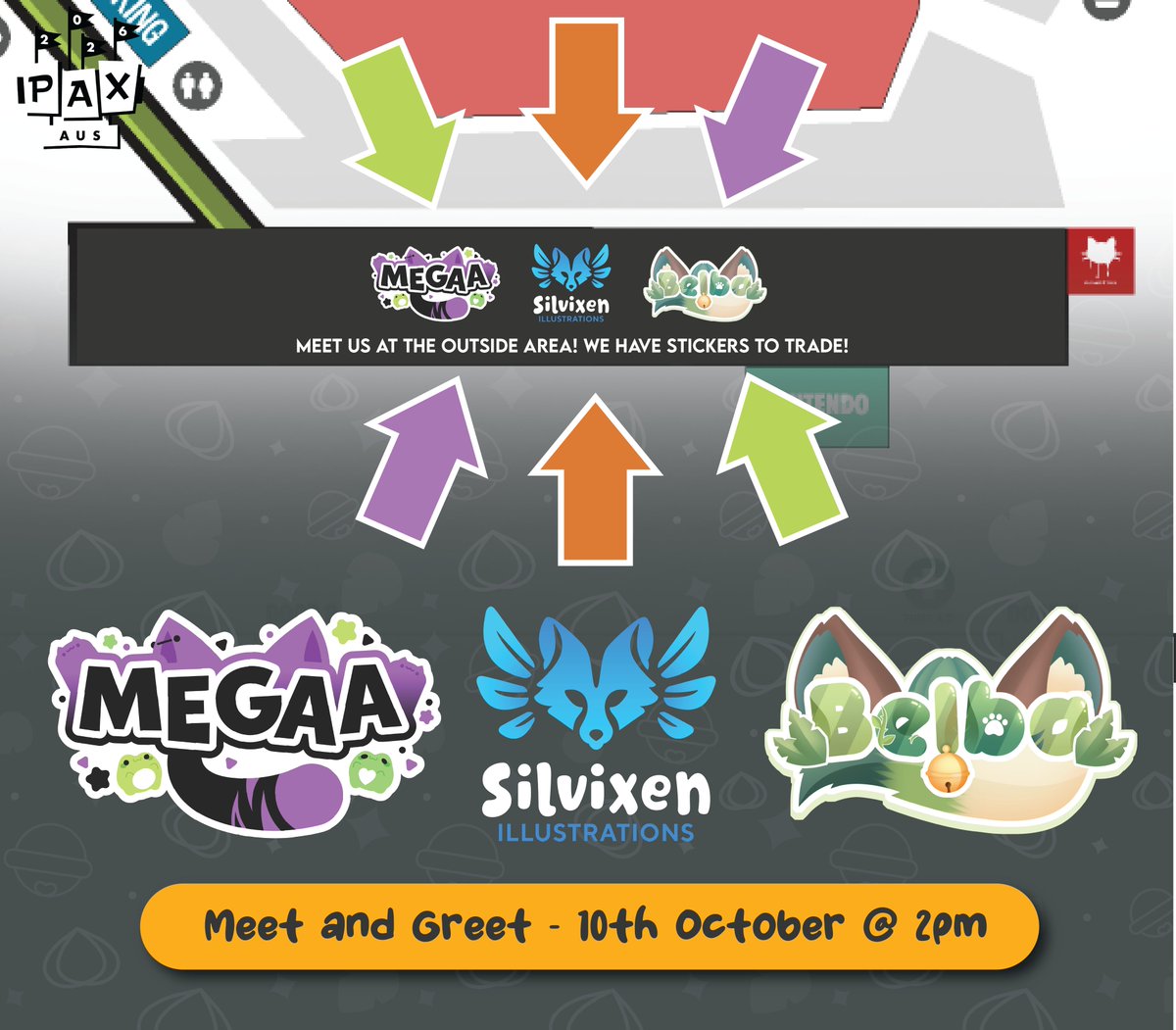 Belbasaura's tweet photo. Whats this?! A #PAXAus Meet and Greet!? 

Are you going to Pax this weekend? Come on down and meet 3 furries in a trenchcoat 🐱🦊🍃

Megaa, Silvi and I have some stickers to trade, keen for a yip yap and vibe! 

📅Saturday 10th October 2pm https://t.co/GpdbExgF1r