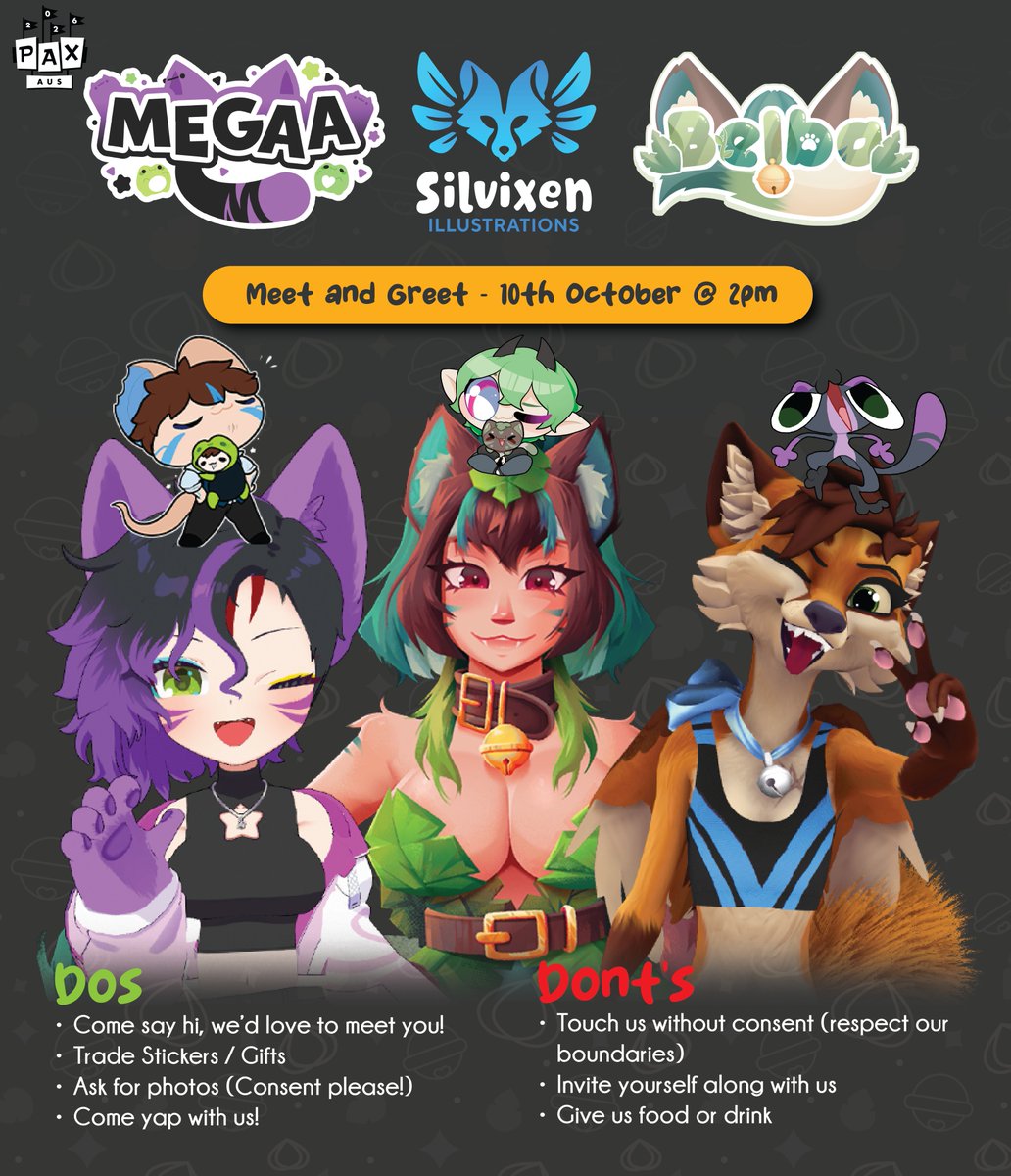 Belbasaura's tweet photo. Whats this?! A #PAXAus Meet and Greet!? 

Are you going to Pax this weekend? Come on down and meet 3 furries in a trenchcoat 🐱🦊🍃

Megaa, Silvi and I have some stickers to trade, keen for a yip yap and vibe! 

📅Saturday 10th October 2pm https://t.co/GpdbExgF1r