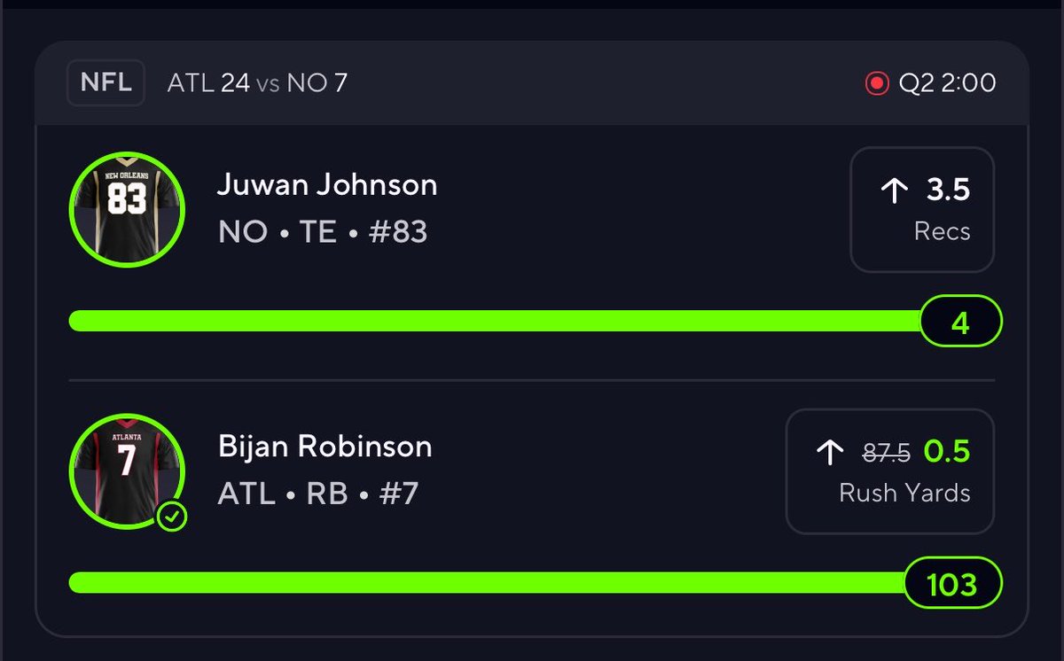 BetsByCris's tweet photo. Bang!!! First half cash for the Free Play !! ✅✅💰💰 #NFL #PrizePicks #Saints  #Falcons #Bijan #Robinson #Tyler #Shough #Olave #Juwan #Johnson #MondayNightFootball https://t.co/kNlzI0Vwx7