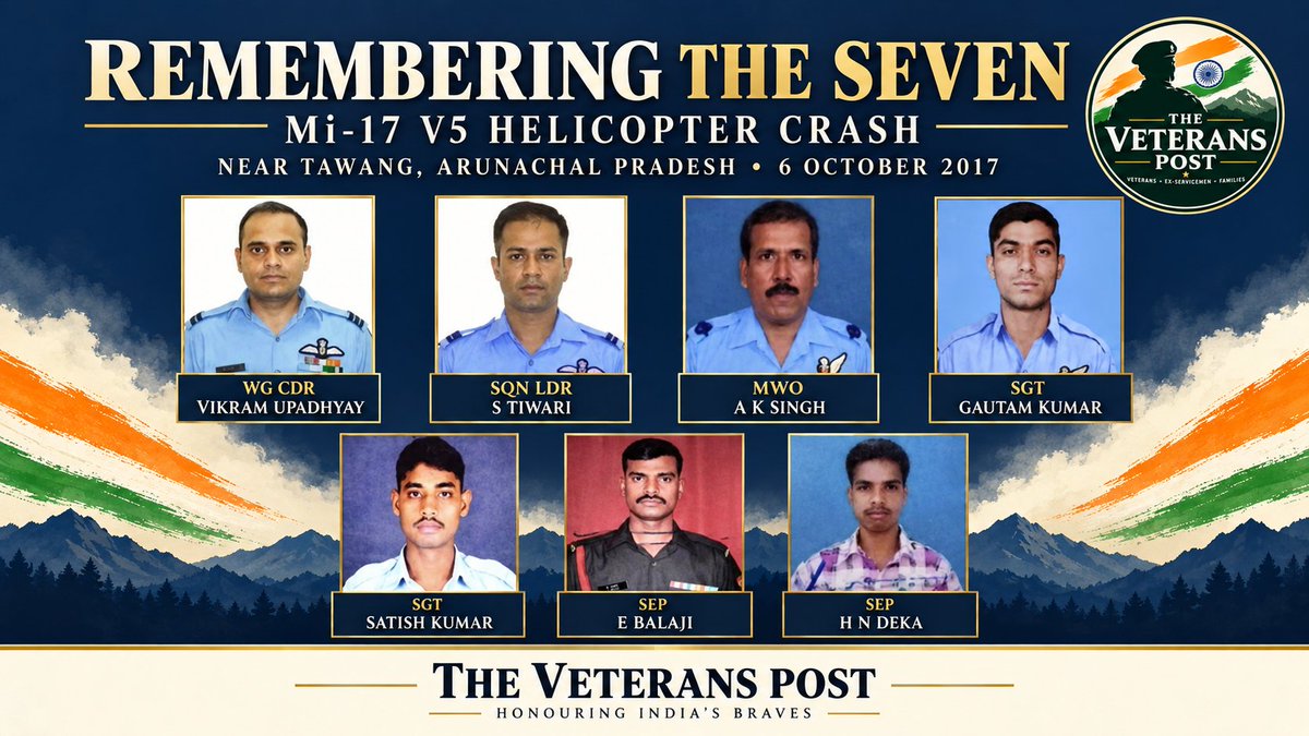 TheVeteransPost's tweet photo. Nine years on, we remember Wg Cdr V Upadhyay, Sqn Ldr S Tiwari, MWO A K Singh, Sgt G Kumar, Sgt S Kumar, Sep E Balaji and Sep H N Deka, lost in the Mi-17 V5 crash near Tawang on 6 October 2017.

#IndianAirForce #IndianArmy #TheVeteransPost https://t.co/0LAja00fAP